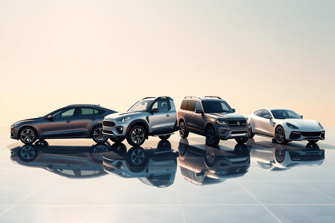 A collection of vehicle profiles on a sleek, reflective surface showcasing a sedan, SUV, truck, and specialty car arranged side by side. The foreground features the vehicles in a dynamic angle, highlighting their unique shapes and sizes, with the sedan being compact, the SUV robust, the truck muscular, and the specialty car sleek and stylish. The middle ground includes subtle reflections to enhance their designs, while the background features a soft gradient in warm colors to create an inviting atmosphere. The lighting is bright and evenly distributed, simulating a sunny day with minimal shadows, emphasizing the vehicles' colors and details. The overall mood is professional and informative, ideal for illustrating vehicle types in a shipping context. A collection of vehicle profiles on a sleek, reflective surface showcasing a sedan, SUV, truck, and specialty car arranged side by side. The foreground features the vehicles in a dynamic angle, highlighting their unique shapes and sizes, with the sedan being compact, the SUV robust, the truck muscular, and the specialty car sleek and stylish. The middle ground includes subtle reflections to enhance their designs, while the background features a soft gradient in warm colors to create an inviting atmosphere. The lighting is bright and evenly distributed, simulating a sunny day with minimal shadows, emphasizing the vehicles' colors and details. The overall mood is professional and informative, ideal for illustrating vehicle types in a shipping context.