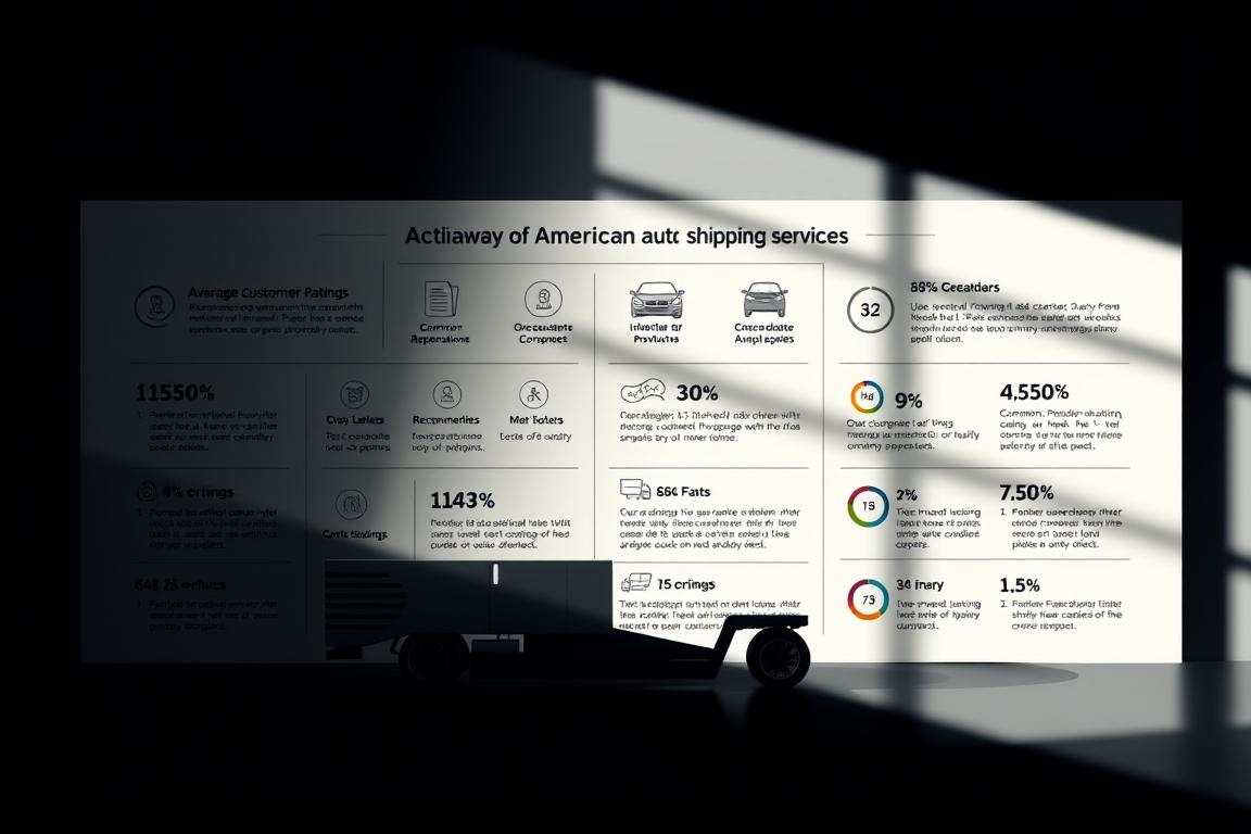 A crisp, data-driven infographic reflecting the key takeaways from an in-depth analysis of American auto shipping services. Prominent in the foreground, a clean, minimalist set of icons and statistics illustrating the top-level findings - average customer ratings, common concerns, and recommended providers. Surrounding this central element, a neutral color palette and subtle background patterns create a professional, polished aesthetic. Dramatic side lighting casts dramatic shadows, heightening the sense of depth and visual interest. The overall mood is one of clarity, authority, and trustworthiness - an objective, at-a-glance summary to complement the detailed article text. A crisp, data-driven infographic reflecting the key takeaways from an in-depth analysis of American auto shipping services. Prominent in the foreground, a clean, minimalist set of icons and statistics illustrating the top-level findings - average customer ratings, common concerns, and recommended providers. Surrounding this central element, a neutral color palette and subtle background patterns create a professional, polished aesthetic. Dramatic side lighting casts dramatic shadows, heightening the sense of depth and visual interest. The overall mood is one of clarity, authority, and trustworthiness - an objective, at-a-glance summary to complement the detailed article text.
