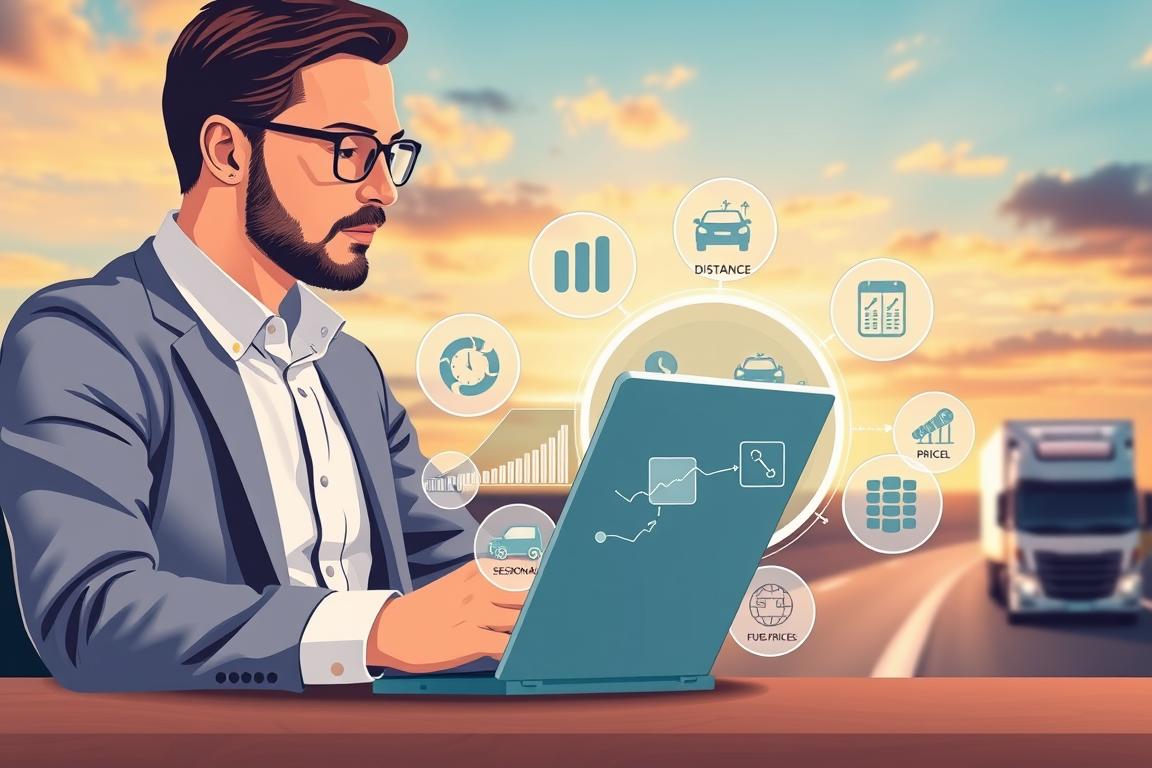 A detailed and visually engaging illustration depicting the factors that affect car transport pricing and availability. In the foreground, show a professional individual in business attire analyzing charts and data on a laptop, emphasizing a sense of focus and analysis. The middle ground features various icons representing factors such as distance, vehicle size, seasonal demand, and fuel prices, artistically arranged around the laptop. The background includes a subtle, out-of-focus image of a car carrier truck against an expansive sky, symbolizing transportation. Use soft, warm lighting to create a welcoming and informative atmosphere, with a slightly elevated camera angle for depth. The composition should convey professionalism and clarity without any text elements. A detailed and visually engaging illustration depicting the factors that affect car transport pricing and availability. In the foreground, show a professional individual in business attire analyzing charts and data on a laptop, emphasizing a sense of focus and analysis. The middle ground features various icons representing factors such as distance, vehicle size, seasonal demand, and fuel prices, artistically arranged around the laptop. The background includes a subtle, out-of-focus image of a car carrier truck against an expansive sky, symbolizing transportation. Use soft, warm lighting to create a welcoming and informative atmosphere, with a slightly elevated camera angle for depth. The composition should convey professionalism and clarity without any text elements.