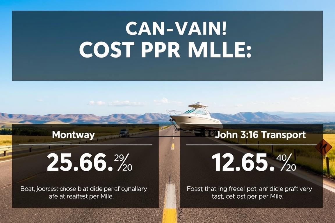 A detailed comparison of the cost per mile for boat hauling services, showcasing Montway and John 3:16 Transport. The foreground presents a clean, minimal infographic with dynamic data visualizations, highlighting the key metrics side by side. The middle ground depicts a well-maintained truck hauling a boat on a serene highway, emphasizing the efficient transportation process. The background features a panoramic landscape of rolling hills and a clear sky, conveying a sense of scale and the long-distance journeys these services undertake. The overall mood is professional, informative, and visually captivating, inviting the viewer to explore the comparative advantages of the two service providers. A detailed comparison of the cost per mile for boat hauling services, showcasing Montway and John 3:16 Transport. The foreground presents a clean, minimal infographic with dynamic data visualizations, highlighting the key metrics side by side. The middle ground depicts a well-maintained truck hauling a boat on a serene highway, emphasizing the efficient transportation process. The background features a panoramic landscape of rolling hills and a clear sky, conveying a sense of scale and the long-distance journeys these services undertake. The overall mood is professional, informative, and visually captivating, inviting the viewer to explore the comparative advantages of the two service providers.
