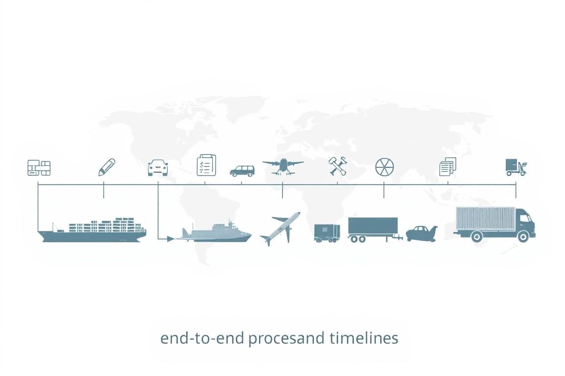 A detailed freight transport timeline, showcasing the step-by-step journey of a car shipment to Europe. Set against a crisp, white background, the illustration features a linear progression of icons and graphics, each representing a key stage - from initial booking, to customs clearance, to final delivery. The foreground is dominated by sleek, modern icons and infographic elements, while the middle ground contains stylized cargo ships, planes, and trucks in shades of gray. The background subtly incorporates a world map, highlighting the transnational nature of the process. The overall composition conveys a sense of efficiency, organization, and professionalism, perfectly complementing the "end-to-end process and timelines" section of the article. A detailed freight transport timeline, showcasing the step-by-step journey of a car shipment to Europe. Set against a crisp, white background, the illustration features a linear progression of icons and graphics, each representing a key stage - from initial booking, to customs clearance, to final delivery. The foreground is dominated by sleek, modern icons and infographic elements, while the middle ground contains stylized cargo ships, planes, and trucks in shades of gray. The background subtly incorporates a world map, highlighting the transnational nature of the process. The overall composition conveys a sense of efficiency, organization, and professionalism, perfectly complementing the "end-to-end process and timelines" section of the article.