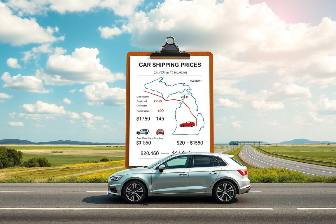 A detailed graphic representation of car shipping prices, featuring a split landscape. In the foreground, a modern car is placed in front of an oversized clipboard displaying a detailed pricing breakdown, with clear figures and graphs emphasizing costs. The middle layer includes an animated map highlighting the route from California to Michigan, with icons of cars and dollar signs indicating important fees. In the background, a serene highway stretches under a bright blue sky filled with fluffy white clouds, symbolizing travel and logistics. Soft natural lighting illuminates the scene, giving it a professional and informative atmosphere, suitable for an educational article. The overall mood is clear and focused, conveying a sense of careful planning and financial awareness. A detailed graphic representation of car shipping prices, featuring a split landscape. In the foreground, a modern car is placed in front of an oversized clipboard displaying a detailed pricing breakdown, with clear figures and graphs emphasizing costs. The middle layer includes an animated map highlighting the route from California to Michigan, with icons of cars and dollar signs indicating important fees. In the background, a serene highway stretches under a bright blue sky filled with fluffy white clouds, symbolizing travel and logistics. Soft natural lighting illuminates the scene, giving it a professional and informative atmosphere, suitable for an educational article. The overall mood is clear and focused, conveying a sense of careful planning and financial awareness.