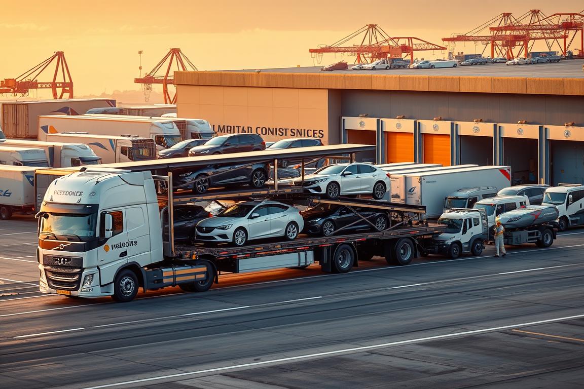 A detailed, high-quality photograph showcasing an array of automotive shipping services. In the foreground, a large truck loaded with various vehicles, its bold logo and branding prominently displayed. In the middle ground, a group of transport workers efficiently loading and securing cars onto the trailer. In the background, a modern logistics hub with cranes, warehouses, and a fleet of delivery trucks, all bathed in warm, golden lighting that conveys a sense of professionalism and reliability. The scene captures the comprehensive transportation solutions offered, with a focus on quality, safety, and customer service. A detailed, high-quality photograph showcasing an array of automotive shipping services. In the foreground, a large truck loaded with various vehicles, its bold logo and branding prominently displayed. In the middle ground, a group of transport workers efficiently loading and securing cars onto the trailer. In the background, a modern logistics hub with cranes, warehouses, and a fleet of delivery trucks, all bathed in warm, golden lighting that conveys a sense of professionalism and reliability. The scene captures the comprehensive transportation solutions offered, with a focus on quality, safety, and customer service.