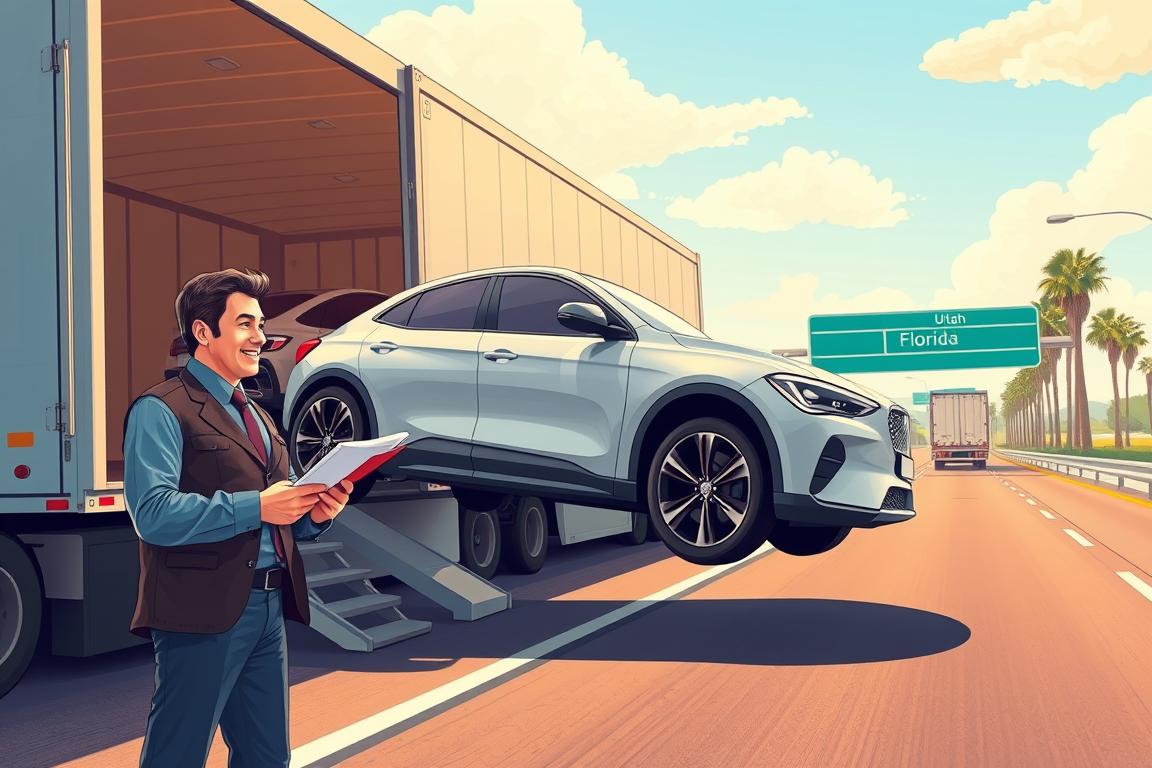 A detailed illustration of the concept of car shipping cost breakdown, featuring a sleek, modern car being loaded onto a transport truck. In the foreground, emphasize a friendly logistics manager in professional attire, holding a clipboard, explaining shipping costs to a customer next to the truck. In the middle ground, showcase the transport truck with a few other cars secured on it, highlighting the robustness of the transport service. The background can depict a sunny highway connecting Utah and Florida, with clear skies and palm trees, symbolizing the journey. Use warm, inviting lighting to create a professional and optimistic atmosphere. Capture this scene from a slightly elevated angle, giving depth and perspective to the overall image. A detailed illustration of the concept of car shipping cost breakdown, featuring a sleek, modern car being loaded onto a transport truck. In the foreground, emphasize a friendly logistics manager in professional attire, holding a clipboard, explaining shipping costs to a customer next to the truck. In the middle ground, showcase the transport truck with a few other cars secured on it, highlighting the robustness of the transport service. The background can depict a sunny highway connecting Utah and Florida, with clear skies and palm trees, symbolizing the journey. Use warm, inviting lighting to create a professional and optimistic atmosphere. Capture this scene from a slightly elevated angle, giving depth and perspective to the overall image.