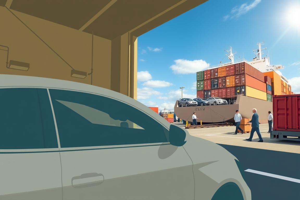 A detailed, illustrative image depicting the steps for vehicle shipping to Mexico. In the foreground, a well-defined outline of a sturdy car, clearly being prepared for transport, with packaging materials around it. In the middle ground, a busy shipping dock with transport workers in professional attire handling crates, loading vehicles onto a large shipping container ship, showcasing efficiency and organization. The background features a clear blue sky with sunlight filtering through, casting soft shadows, creating a warm, welcoming atmosphere. The scene should evoke a sense of movement and logistics, emphasizing the structured process of vehicle shipping. Use a wide-angle lens to capture the full scope of the operation while keeping the focus sharp on the car and workers. A detailed, illustrative image depicting the steps for vehicle shipping to Mexico. In the foreground, a well-defined outline of a sturdy car, clearly being prepared for transport, with packaging materials around it. In the middle ground, a busy shipping dock with transport workers in professional attire handling crates, loading vehicles onto a large shipping container ship, showcasing efficiency and organization. The background features a clear blue sky with sunlight filtering through, casting soft shadows, creating a warm, welcoming atmosphere. The scene should evoke a sense of movement and logistics, emphasizing the structured process of vehicle shipping. Use a wide-angle lens to capture the full scope of the operation while keeping the focus sharp on the car and workers.
