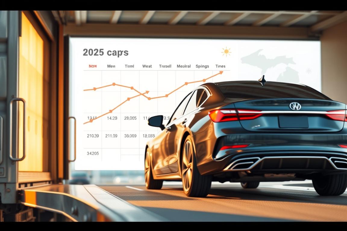 A detailed, informative scene illustrating seasonal shipping trends for car transport from California to Michigan in 2025. In the foreground, include a sleek car on a truck ramp being loaded for shipment, showcasing a clear view of its shiny exterior. In the middle ground, depict a calendar with highlighted months indicating peak shipping times, featuring a series of arrows and line graphs analyzing price fluctuations. The background should feature stylized maps of California and Michigan, adorned with seasonal symbols like sun and snowflakes. Use soft, warm lighting to create an inviting atmosphere, with a focus on clarity and professionalism, captured from a slightly elevated angle for depth. The overall mood should convey diligence and careful planning within the shipping industry. A detailed, informative scene illustrating seasonal shipping trends for car transport from California to Michigan in 2025. In the foreground, include a sleek car on a truck ramp being loaded for shipment, showcasing a clear view of its shiny exterior. In the middle ground, depict a calendar with highlighted months indicating peak shipping times, featuring a series of arrows and line graphs analyzing price fluctuations. The background should feature stylized maps of California and Michigan, adorned with seasonal symbols like sun and snowflakes. Use soft, warm lighting to create an inviting atmosphere, with a focus on clarity and professionalism, captured from a slightly elevated angle for depth. The overall mood should convey diligence and careful planning within the shipping industry.