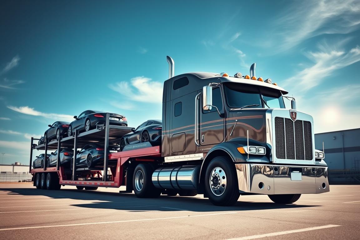 A detailed, photorealistic image of a large car hauler truck parked in a sunny, well-lit parking lot. The truck should have a sleek, modern design with multiple levels for transporting several cars. The background should feature a clear blue sky with some wispy clouds. The foreground should include the truck's front grille, headlights, and wheels in sharp focus, conveying a sense of power and reliability. The lighting should create dramatic shadows and highlights, emphasizing the truck's curves and contours. The overall scene should evoke a sense of professionalism and expertise in the car transportation industry. A detailed, photorealistic image of a large car hauler truck parked in a sunny, well-lit parking lot. The truck should have a sleek, modern design with multiple levels for transporting several cars. The background should feature a clear blue sky with some wispy clouds. The foreground should include the truck's front grille, headlights, and wheels in sharp focus, conveying a sense of power and reliability. The lighting should create dramatic shadows and highlights, emphasizing the truck's curves and contours. The overall scene should evoke a sense of professionalism and expertise in the car transportation industry.
