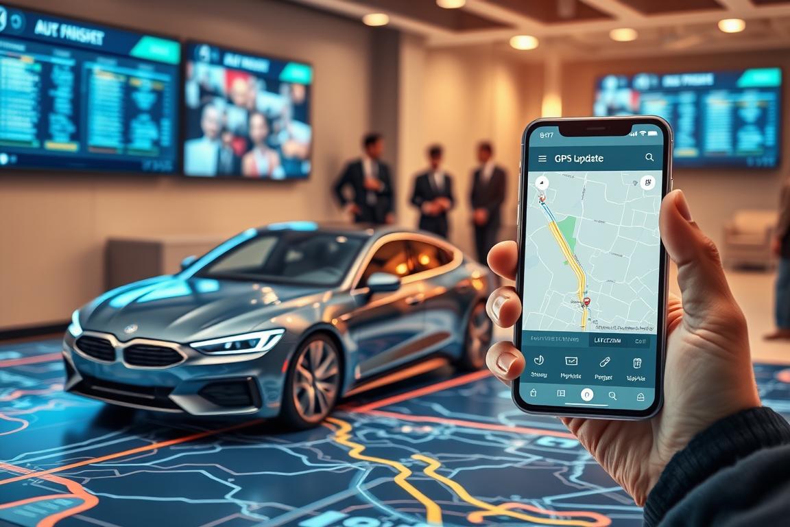 A detailed scene of a car tracking system in action. In the foreground, a sleek modern car sits on a digital map display showing its real-time location with animated tracking lines. The middle section features a transparent smartphone in a hand, displaying a live update of the vehicle’s journey with GPS data, signals like pinging notifications, and visual icons representing communication between the shipper and the client. In the background, a blurred view of a logistics office with professionals in smart business attire discussing tracking data on large screens, projecting an atmosphere of efficiency and organization. Soft, warm lighting enhances the sense of practicality, while a slight depth of field focuses on the tracking details, emphasizing connectivity and clarity in auto transport logistics. A detailed scene of a car tracking system in action. In the foreground, a sleek modern car sits on a digital map display showing its real-time location with animated tracking lines. The middle section features a transparent smartphone in a hand, displaying a live update of the vehicle’s journey with GPS data, signals like pinging notifications, and visual icons representing communication between the shipper and the client. In the background, a blurred view of a logistics office with professionals in smart business attire discussing tracking data on large screens, projecting an atmosphere of efficiency and organization. Soft, warm lighting enhances the sense of practicality, while a slight depth of field focuses on the tracking details, emphasizing connectivity and clarity in auto transport logistics.
