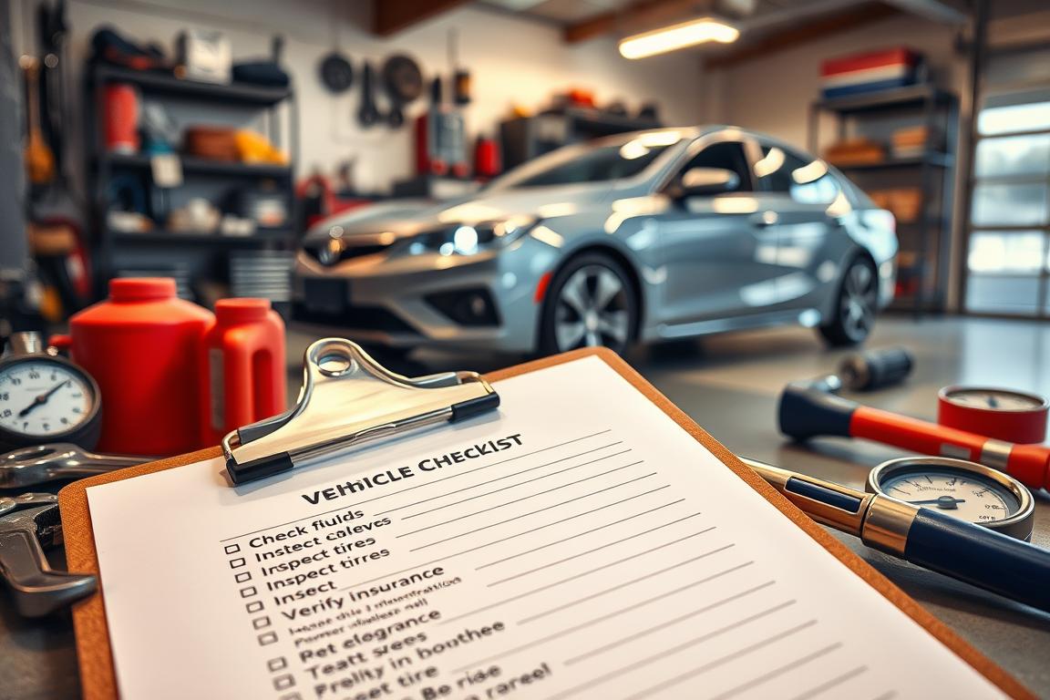 A detailed vehicle prep checklist laid out on a clipboard, surrounded by various automotive tools like wrenches, oil cans, and a tire pressure gauge. The clipboard should be prominently positioned in the foreground, showcasing a neatly organized list of items such as "check fluids," "inspect tires," and "verify insurance." In the middle ground, a well-maintained car is partially visible, parked on a clean garage floor, illuminated by warm overhead lighting that highlights its shiny surface. In the background, a toolkit is organized neatly on a shelf, creating an atmosphere of readiness and professionalism. The overall mood is focused and practical, emphasizing a sense of preparation and attention to detail in the process of sending a vehicle. A detailed vehicle prep checklist laid out on a clipboard, surrounded by various automotive tools like wrenches, oil cans, and a tire pressure gauge. The clipboard should be prominently positioned in the foreground, showcasing a neatly organized list of items such as "check fluids," "inspect tires," and "verify insurance." In the middle ground, a well-maintained car is partially visible, parked on a clean garage floor, illuminated by warm overhead lighting that highlights its shiny surface. In the background, a toolkit is organized neatly on a shelf, creating an atmosphere of readiness and professionalism. The overall mood is focused and practical, emphasizing a sense of preparation and attention to detail in the process of sending a vehicle.