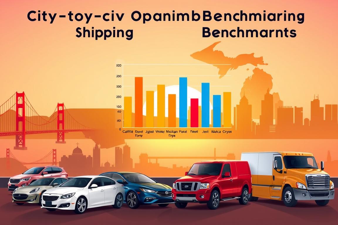 A detailed visual representation of city-to-city car shipping benchmarks, featuring a stylized map with California and Michigan prominently marked. In the foreground, several illustrations of diverse vehicles – sedans, SUVs, and trucks – parked near iconic landmarks representing each state, like the Golden Gate Bridge and the Mackinac Bridge. The middle ground showcases a bar graph overlay illustrating shipping costs between major cities, with clear distinctions in color for each region. The background presents an urban skyline blending elements from both states, in a harmonious blend of sunset hues, suggesting a transition from day to night. Soft, warm lighting bathes the scene, creating an inviting atmosphere. The composition should feel informative yet approachable, ideal for readers seeking benchmarks in car shipping costs. No text is included, ensuring a clean visual focus. A detailed visual representation of city-to-city car shipping benchmarks, featuring a stylized map with California and Michigan prominently marked. In the foreground, several illustrations of diverse vehicles – sedans, SUVs, and trucks – parked near iconic landmarks representing each state, like the Golden Gate Bridge and the Mackinac Bridge. The middle ground showcases a bar graph overlay illustrating shipping costs between major cities, with clear distinctions in color for each region. The background presents an urban skyline blending elements from both states, in a harmonious blend of sunset hues, suggesting a transition from day to night. Soft, warm lighting bathes the scene, creating an inviting atmosphere. The composition should feel informative yet approachable, ideal for readers seeking benchmarks in car shipping costs. No text is included, ensuring a clean visual focus.
