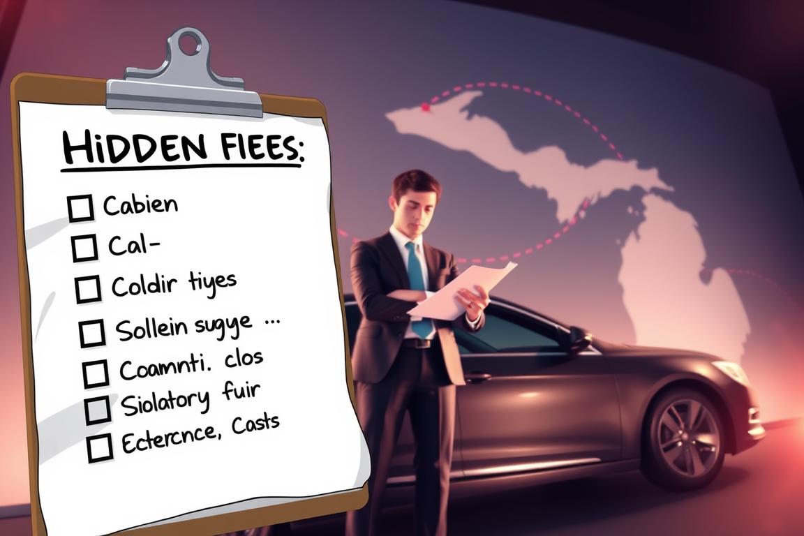 A detailed visual representation of vehicle shipping hidden fees. In the foreground, an illustrative checklist or clipboard displaying seven prominent hidden fees such as "Carrier Fees," "Fuel Surcharges," and "Insurance Costs." The checklist appears slightly crumpled to signify complexity and hidden aspects. In the middle ground, a professional person in business attire examines the checklist while standing beside a car, looking contemplative. The background features a stylized map of California and Michigan, subtly highlighting the route with dashed lines. Soft, ambient lighting creates an informative yet slightly intense atmosphere, suggesting the need for caution. The angle is slightly bird's-eye, focusing on the checklist and person, conveying the seriousness of hidden costs in vehicle shipping. A detailed visual representation of vehicle shipping hidden fees. In the foreground, an illustrative checklist or clipboard displaying seven prominent hidden fees such as "Carrier Fees," "Fuel Surcharges," and "Insurance Costs." The checklist appears slightly crumpled to signify complexity and hidden aspects. In the middle ground, a professional person in business attire examines the checklist while standing beside a car, looking contemplative. The background features a stylized map of California and Michigan, subtly highlighting the route with dashed lines. Soft, ambient lighting creates an informative yet slightly intense atmosphere, suggesting the need for caution. The angle is slightly bird's-eye, focusing on the checklist and person, conveying the seriousness of hidden costs in vehicle shipping.