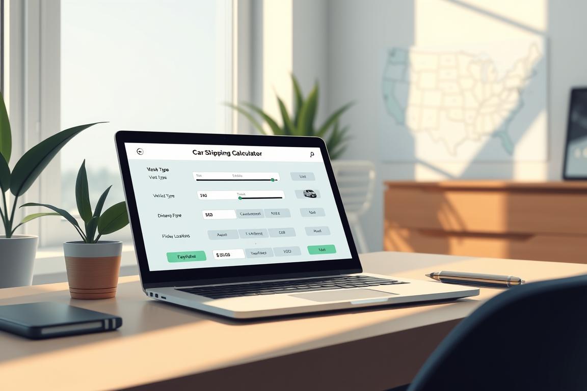 A digital illustration of a car shipping calculator interface, prominently displayed on a sleek laptop placed on a stylish desk. The calculator screen shows a user-friendly design with sliders and options for vehicle type, distance, and pickup locations, set against a backdrop of a bright, modern home office. Soft natural light streams in from a nearby window, casting gentle shadows that enhance the atmosphere of a productive workspace. In the background, there’s a potted plant and a map of the United States highlighting the routes from Utah to Florida. The overall mood is professional yet inviting, emphasizing ease of use and efficiency. A digital illustration of a car shipping calculator interface, prominently displayed on a sleek laptop placed on a stylish desk. The calculator screen shows a user-friendly design with sliders and options for vehicle type, distance, and pickup locations, set against a backdrop of a bright, modern home office. Soft natural light streams in from a nearby window, casting gentle shadows that enhance the atmosphere of a productive workspace. In the background, there’s a potted plant and a map of the United States highlighting the routes from Utah to Florida. The overall mood is professional yet inviting, emphasizing ease of use and efficiency.