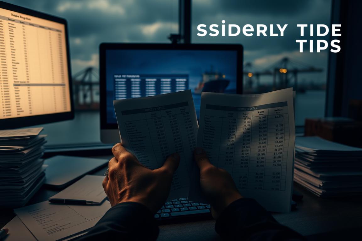 A dimly lit office setting, with stacks of documents and a computer monitor displaying various shipping rates and cost breakdowns. In the foreground, a person's hands are comparing two spreadsheets side by side, highlighting differences in pricing and fees. The background features shipping containers and cargo ships silhouetted against a moody, overcast sky, conveying the weight and importance of the decision-making process. The scene is bathed in a warm, subdued lighting, creating a contemplative and analytical atmosphere, reflecting the "insider tips" theme of the article section. A dimly lit office setting, with stacks of documents and a computer monitor displaying various shipping rates and cost breakdowns. In the foreground, a person's hands are comparing two spreadsheets side by side, highlighting differences in pricing and fees. The background features shipping containers and cargo ships silhouetted against a moody, overcast sky, conveying the weight and importance of the decision-making process. The scene is bathed in a warm, subdued lighting, creating a contemplative and analytical atmosphere, reflecting the "insider tips" theme of the article section.