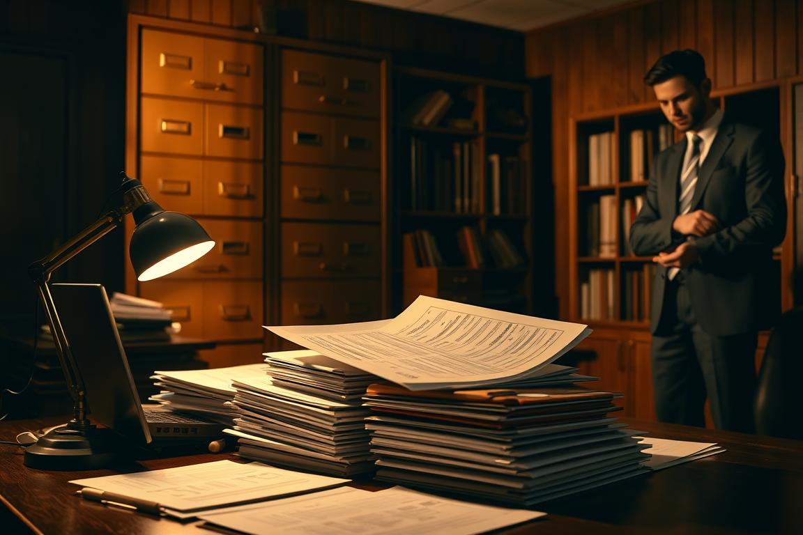 A dimly lit, wood-paneled office with a cluttered desk. In the foreground, a stack of documents, folders, and stamped forms sit next to an open laptop and a vintage desk lamp. Behind them, a looming wall of filing cabinets and bookshelves, casting long shadows across the room. The lighting is warm and moody, creating a sense of bureaucratic intensity. A businessman in a crisp suit stands to the side, studying the documents intently, representing the process of navigating customs and compliance requirements for international car shipping. A dimly lit, wood-paneled office with a cluttered desk. In the foreground, a stack of documents, folders, and stamped forms sit next to an open laptop and a vintage desk lamp. Behind them, a looming wall of filing cabinets and bookshelves, casting long shadows across the room. The lighting is warm and moody, creating a sense of bureaucratic intensity. A businessman in a crisp suit stands to the side, studying the documents intently, representing the process of navigating customs and compliance requirements for international car shipping.