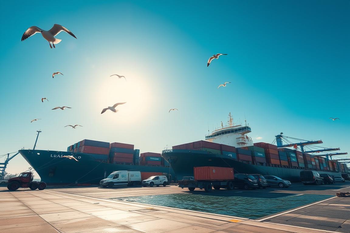 A dynamic maritime scene featuring a RoRo (Roll-on/Roll-off) ship prominently in the foreground, loaded with vehicles smoothly driving aboard, while in the background a container shipping vessel is seen at the dock, crates stacked high, showcasing contrasting shipping methods. The scene is captured from a low angle, emphasizing the massive scale of the ships, under clear blue skies with the sun casting crisp, sharp shadows, reflecting a vibrant and bustling port atmosphere. In the mid-ground, additional shipping containers and a flat rack can be depicted, illustrating the diversity in cargo transport. The mood is energetic, highlighting the efficiency of maritime shipping, with seagulls soaring above and scattered dockside activity to enhance realism. A dynamic maritime scene featuring a RoRo (Roll-on/Roll-off) ship prominently in the foreground, loaded with vehicles smoothly driving aboard, while in the background a container shipping vessel is seen at the dock, crates stacked high, showcasing contrasting shipping methods. The scene is captured from a low angle, emphasizing the massive scale of the ships, under clear blue skies with the sun casting crisp, sharp shadows, reflecting a vibrant and bustling port atmosphere. In the mid-ground, additional shipping containers and a flat rack can be depicted, illustrating the diversity in cargo transport. The mood is energetic, highlighting the efficiency of maritime shipping, with seagulls soaring above and scattered dockside activity to enhance realism.