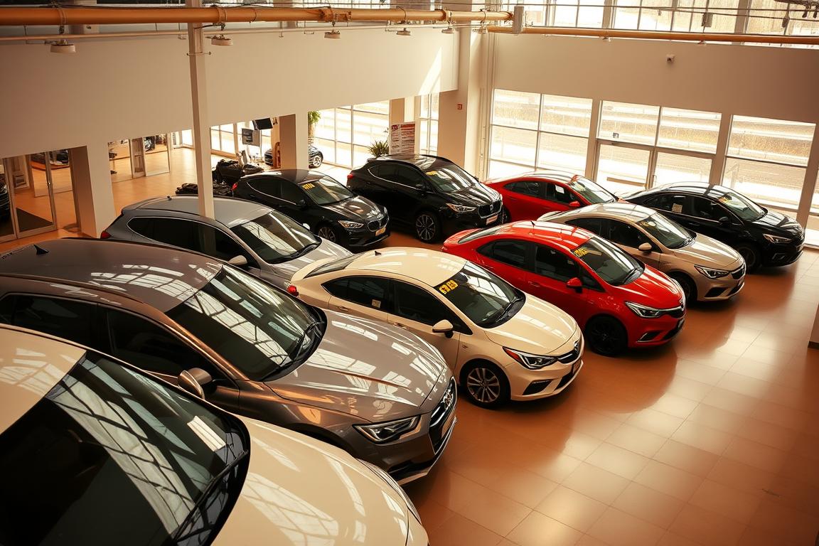 A high-angle view of a well-organized car dealership showroom, bathed in warm, natural lighting that casts a soft glow across the gleaming, diverse inventory. In the foreground, a row of meticulously detailed, late-model vehicles in various colors and styles are neatly arranged, their clean lines and polished exteriors inviting closer inspection. The middle ground features additional cars strategically placed to create a sense of depth and abundance, while the background reveals a spacious, airy setting with large windows allowing ample natural light to flood the space. The overall atmosphere conveys a sense of transparency, professionalism, and a stress-free car shopping experience. A high-angle view of a well-organized car dealership showroom, bathed in warm, natural lighting that casts a soft glow across the gleaming, diverse inventory. In the foreground, a row of meticulously detailed, late-model vehicles in various colors and styles are neatly arranged, their clean lines and polished exteriors inviting closer inspection. The middle ground features additional cars strategically placed to create a sense of depth and abundance, while the background reveals a spacious, airy setting with large windows allowing ample natural light to flood the space. The overall atmosphere conveys a sense of transparency, professionalism, and a stress-free car shopping experience.