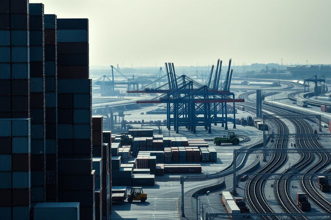 A high-contrast scene of a modern freight terminal, with towering stacks of cargo containers in the foreground bathed in cool, directional lighting. In the middle ground, a complex matrix of cranes and forklifts transporting goods, while in the background, a network of railroad tracks and highways fade into the distance. The composition emphasizes the scale, efficiency, and interconnectedness of the global cargo shipping industry, conveying a sense of the intricate factors that influence freight pricing.
