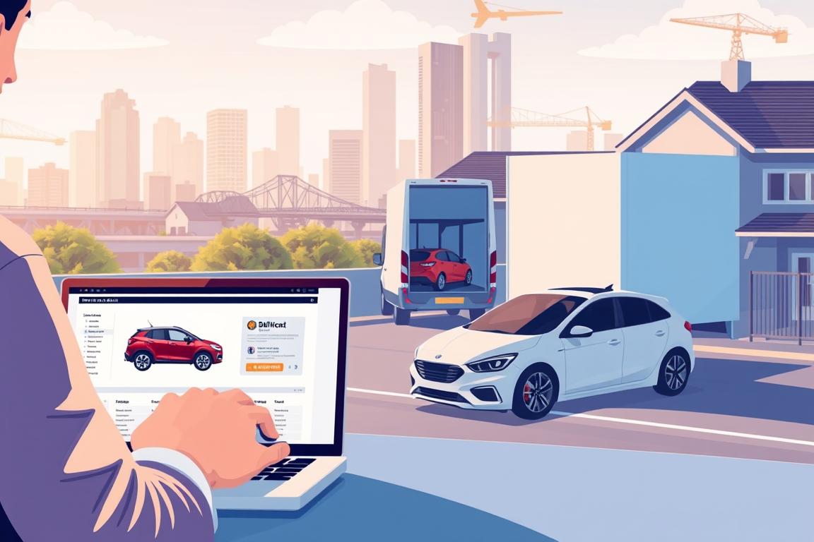 A high-resolution, detailed illustration of the online vehicle purchase and delivery process. In the foreground, a person using a laptop to browse and select a car on an e-commerce platform. In the middle ground, a delivery van arriving at a residential address, with the car being unloaded. In the background, a modern cityscape with skyscrapers and infrastructure. The lighting is crisp and natural, with a warm, inviting color palette. The perspective is slightly elevated, giving a sense of an overview of the entire process. The mood is one of efficiency, convenience, and the seamless integration of technology into the car-buying experience. A high-resolution, detailed illustration of the online vehicle purchase and delivery process. In the foreground, a person using a laptop to browse and select a car on an e-commerce platform. In the middle ground, a delivery van arriving at a residential address, with the car being unloaded. In the background, a modern cityscape with skyscrapers and infrastructure. The lighting is crisp and natural, with a warm, inviting color palette. The perspective is slightly elevated, giving a sense of an overview of the entire process. The mood is one of efficiency, convenience, and the seamless integration of technology into the car-buying experience.