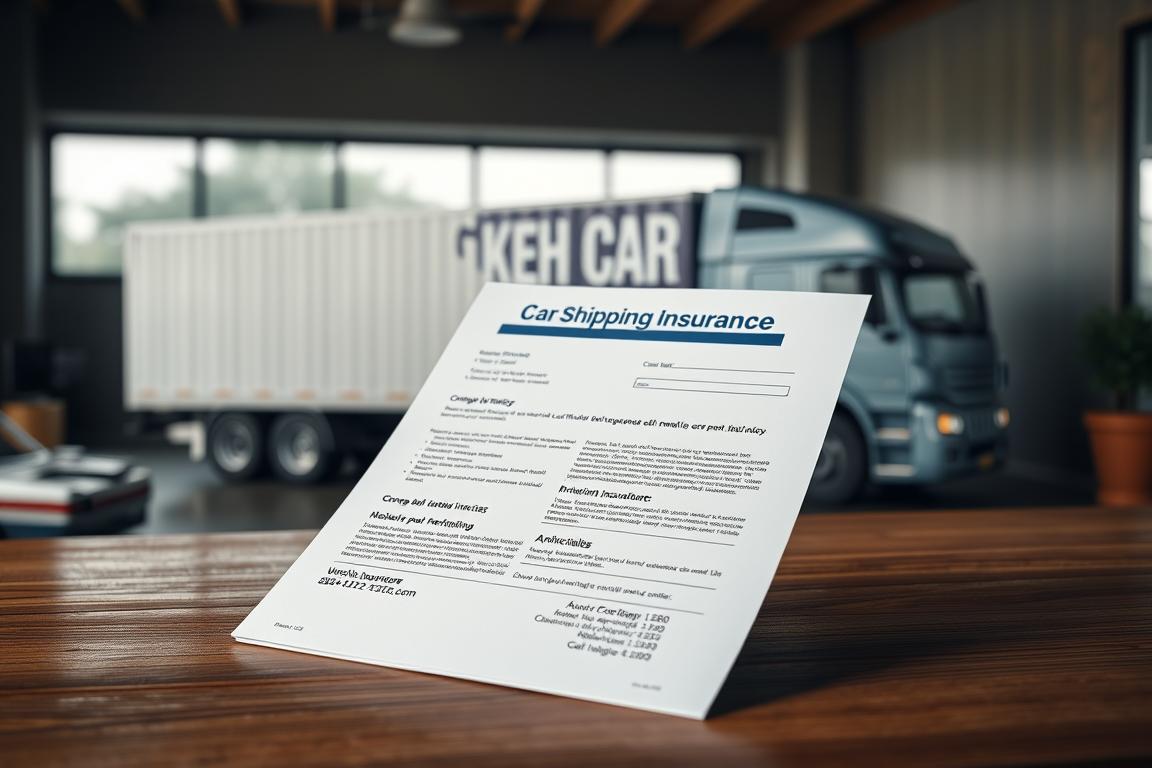 A high-resolution, photorealistic image of an insurance policy document for car shipping services, displayed on a wooden desk. The document has a clear title "Car Shipping Insurance" and details the coverage, deductibles, and contact information. In the background, a car carrier truck can be seen through a window, emphasizing the connection between the insurance and the shipping process. The lighting is soft and natural, creating a sense of professionalism and trustworthiness. The overall composition and lighting aim to convey the importance of insurance in the context of reliable and cost-effective car shipping. A high-resolution, photorealistic image of an insurance policy document for car shipping services, displayed on a wooden desk. The document has a clear title "Car Shipping Insurance" and details the coverage, deductibles, and contact information. In the background, a car carrier truck can be seen through a window, emphasizing the connection between the insurance and the shipping process. The lighting is soft and natural, creating a sense of professionalism and trustworthiness. The overall composition and lighting aim to convey the importance of insurance in the context of reliable and cost-effective car shipping.