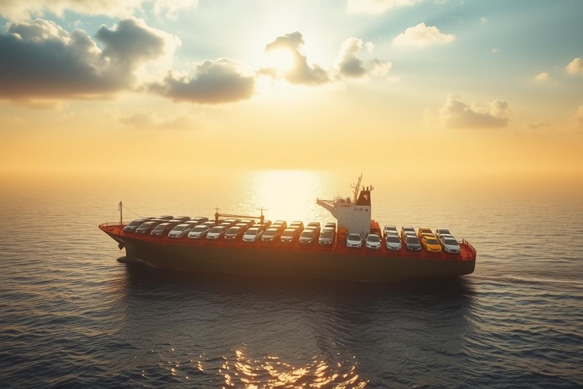 A large cargo ship in the middle of the ocean, loaded with rows of automobiles on its deck, creating a striking visual of the scale and logistics involved in importing vehicles. The ship is illuminated by warm, golden sunlight filtering through the clouds, casting long shadows across the vehicles. In the background, a faint horizon line and a tranquil sea create a sense of vastness and the global scale of the international car trade. The scene conveys the complex and multi-faceted nature of the costs associated with importing a car from the UK. A large cargo ship in the middle of the ocean, loaded with rows of automobiles on its deck, creating a striking visual of the scale and logistics involved in importing vehicles. The ship is illuminated by warm, golden sunlight filtering through the clouds, casting long shadows across the vehicles. In the background, a faint horizon line and a tranquil sea create a sense of vastness and the global scale of the international car trade. The scene conveys the complex and multi-faceted nature of the costs associated with importing a car from the UK.
