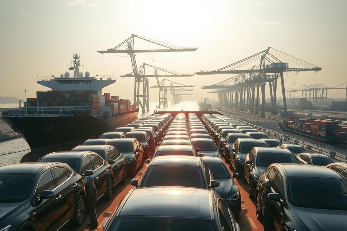 A large cargo ship rests in a busy port, its deck loaded with rows of shiny new cars ready for transport. In the foreground, a team of workers efficiently secures the vehicles, ensuring a safe journey. Sunlight filters through the hazy sky, casting a warm glow over the scene. In the distance, cranes and cargo containers create a dynamic industrial backdrop, conveying the scale and efficiency of the car shipping operation. The overall atmosphere is one of precision, organization, and the smooth flow of global logistics. A large cargo ship rests in a busy port, its deck loaded with rows of shiny new cars ready for transport. In the foreground, a team of workers efficiently secures the vehicles, ensuring a safe journey. Sunlight filters through the hazy sky, casting a warm glow over the scene. In the distance, cranes and cargo containers create a dynamic industrial backdrop, conveying the scale and efficiency of the car shipping operation. The overall atmosphere is one of precision, organization, and the smooth flow of global logistics.