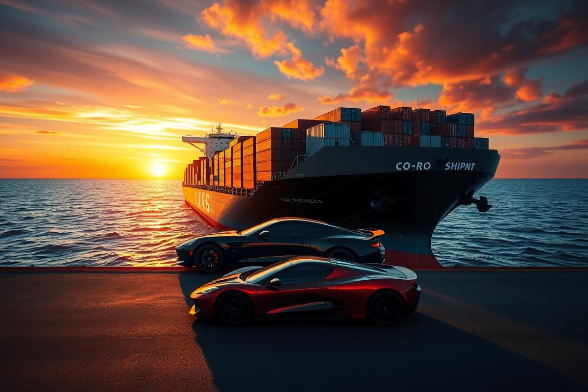 A large cargo ship with containers and a sleek sports car aboard, surrounded by a vast ocean under a vibrant sunset sky. The ship is positioned at a slight angle, showcasing the car's streamlined form. Dramatic lighting casts long shadows, emphasizing the size and power of the vessel. The scene evokes a sense of international trade, transportation, and the contrast between massive industrial machinery and the elegance of an automotive masterpiece. The composition highlights the ro-ro (roll-on, roll-off) shipping method, where vehicles are driven directly onto the ship's deck. A large cargo ship with containers and a sleek sports car aboard, surrounded by a vast ocean under a vibrant sunset sky. The ship is positioned at a slight angle, showcasing the car's streamlined form. Dramatic lighting casts long shadows, emphasizing the size and power of the vessel. The scene evokes a sense of international trade, transportation, and the contrast between massive industrial machinery and the elegance of an automotive masterpiece. The composition highlights the ro-ro (roll-on, roll-off) shipping method, where vehicles are driven directly onto the ship's deck.
