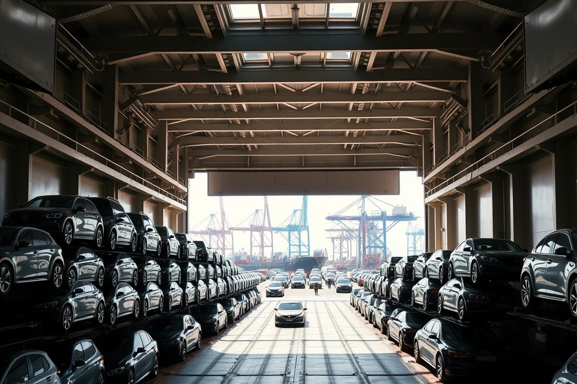 A large, open cargo hold of a car carrier ship, its cavernous interior illuminated by natural light filtering through the open hatch doors. Stacks of vehicles in various models and colors neatly organized, their gleaming exteriors reflecting the bright sunlight. The scene conveys a sense of efficiency and order, with the open layout suggesting the ease of loading and unloading the cargo. In the background, the silhouettes of cranes and dockworkers can be seen, hinting at the larger port infrastructure supporting the transport operation. The overall mood is one of controlled, operational dynamism - a visual representation of the essential coverage needs for a car transport company. A large, open cargo hold of a car carrier ship, its cavernous interior illuminated by natural light filtering through the open hatch doors. Stacks of vehicles in various models and colors neatly organized, their gleaming exteriors reflecting the bright sunlight. The scene conveys a sense of efficiency and order, with the open layout suggesting the ease of loading and unloading the cargo. In the background, the silhouettes of cranes and dockworkers can be seen, hinting at the larger port infrastructure supporting the transport operation. The overall mood is one of controlled, operational dynamism - a visual representation of the essential coverage needs for a car transport company.