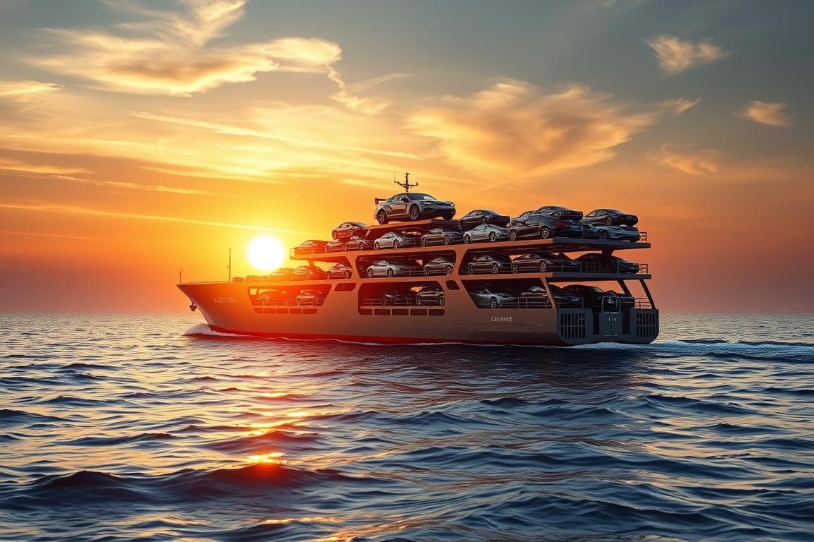 A majestic car carrier ship glides across a vast, serene ocean under the warm glow of the setting sun. The vessel's metallic frame is sleek and modern, its multiple levels stacked high with a variety of gleaming automobiles, reflecting the golden rays. In the foreground, a single sports car sits atop the ship, its glossy paint catching the fading light. The middle ground reveals the ship's intricate loading mechanisms, while the background depicts a picturesque horizon with wispy clouds and a gradually darkening sky. The overall scene conveys a sense of efficiency, power, and the seamless transportation of vehicles across the open waters. A majestic car carrier ship glides across a vast, serene ocean under the warm glow of the setting sun. The vessel's metallic frame is sleek and modern, its multiple levels stacked high with a variety of gleaming automobiles, reflecting the golden rays. In the foreground, a single sports car sits atop the ship, its glossy paint catching the fading light. The middle ground reveals the ship's intricate loading mechanisms, while the background depicts a picturesque horizon with wispy clouds and a gradually darkening sky. The overall scene conveys a sense of efficiency, power, and the seamless transportation of vehicles across the open waters.
