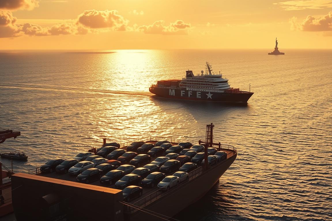 A majestic cargo ship, its hull emblazoned with the stars and stripes, glides gracefully across the open ocean. In the foreground, a sleek car carrier rests at the bustling port, its rows of vehicles ready to be transported across the Atlantic. The sun casts a warm, golden glow, illuminating the scene with a sense of tranquility and efficiency. Wispy clouds dot the sky, their shadows dancing across the calm waters. In the distance, the iconic Statue of Liberty stands tall, a symbol of the United States' global reach and connectivity. The overall atmosphere conveys the seamless flow of goods and the synergy between maritime and automotive transportation. A majestic cargo ship, its hull emblazoned with the stars and stripes, glides gracefully across the open ocean. In the foreground, a sleek car carrier rests at the bustling port, its rows of vehicles ready to be transported across the Atlantic. The sun casts a warm, golden glow, illuminating the scene with a sense of tranquility and efficiency. Wispy clouds dot the sky, their shadows dancing across the calm waters. In the distance, the iconic Statue of Liberty stands tall, a symbol of the United States' global reach and connectivity. The overall atmosphere conveys the seamless flow of goods and the synergy between maritime and automotive transportation.