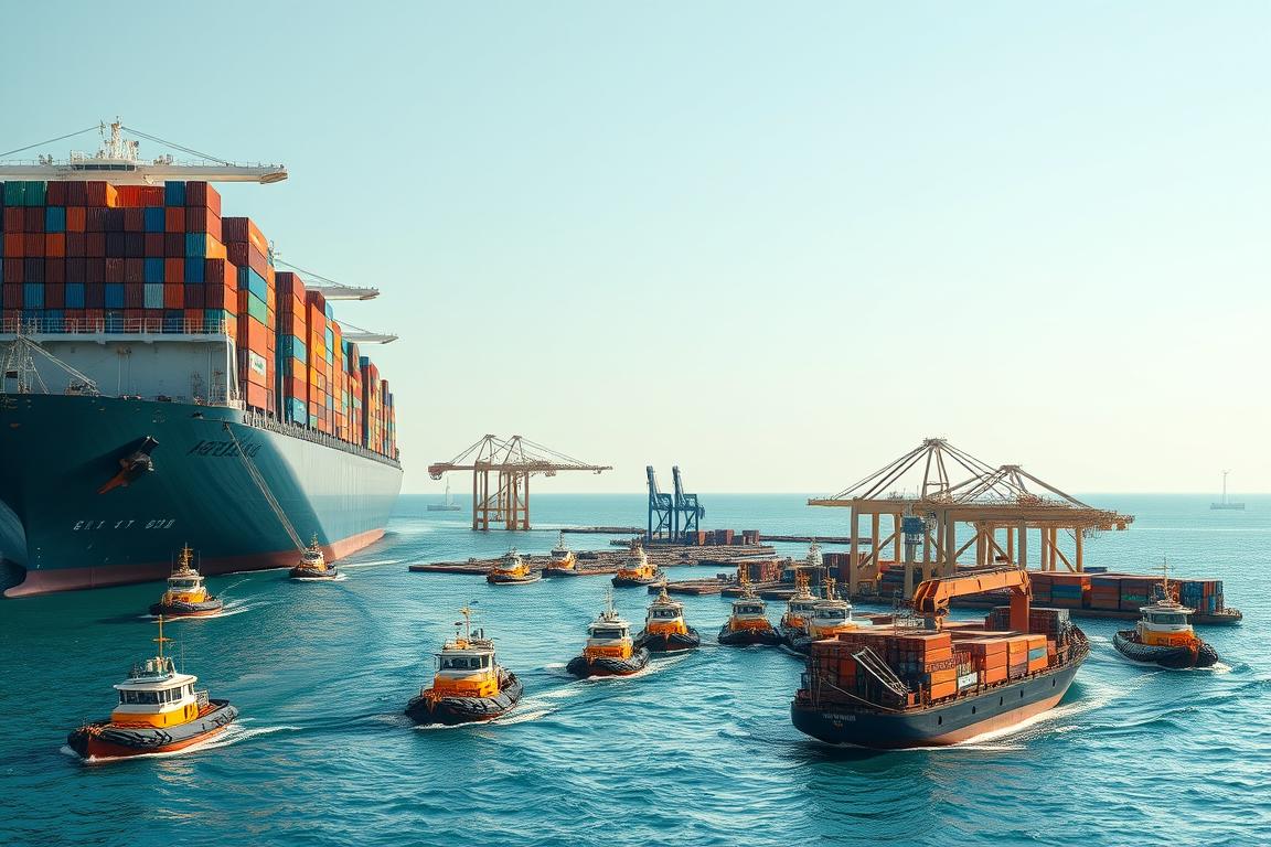 A massive container ship drifts through calm, azure waters, its hull adorned with a sleek, metallic design. In the foreground, a fleet of smaller cargo vessels and tugboats bustle about, efficiently loading and unloading containers. The midground showcases the intricate web of cranes and loading equipment, their mechanical arms precisely maneuvering the towering stacks of multicolored shipping containers. In the distant background, a horizon of undulating waves and a clear, sunlit sky create a serene, industrial atmosphere. The scene is captured with a wide-angle lens, emphasizing the sheer scale and efficiency of modern container shipping logistics. A massive container ship drifts through calm, azure waters, its hull adorned with a sleek, metallic design. In the foreground, a fleet of smaller cargo vessels and tugboats bustle about, efficiently loading and unloading containers. The midground showcases the intricate web of cranes and loading equipment, their mechanical arms precisely maneuvering the towering stacks of multicolored shipping containers. In the distant background, a horizon of undulating waves and a clear, sunlit sky create a serene, industrial atmosphere. The scene is captured with a wide-angle lens, emphasizing the sheer scale and efficiency of modern container shipping logistics.