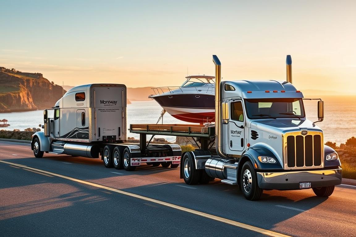 A meticulously crafted scene showcasing the distinctive boat hauling methods of Montway and John 3:16 Transport. In the foreground, a Montway semi-truck tows a barge-style boat trailer, its sleek design emphasizing efficiency. In the middle ground, a John 3:16 Transport flatbed truck hauls a smaller boat securely lashed down, highlighting its attention to safety. The background depicts a serene coastal landscape, with warm, natural lighting casting a golden glow over the scene. The composition invites the viewer to compare the contrasting approaches, hinting at the value differences explored in the article. A meticulously crafted scene showcasing the distinctive boat hauling methods of Montway and John 3:16 Transport. In the foreground, a Montway semi-truck tows a barge-style boat trailer, its sleek design emphasizing efficiency. In the middle ground, a John 3:16 Transport flatbed truck hauls a smaller boat securely lashed down, highlighting its attention to safety. The background depicts a serene coastal landscape, with warm, natural lighting casting a golden glow over the scene. The composition invites the viewer to compare the contrasting approaches, hinting at the value differences explored in the article.