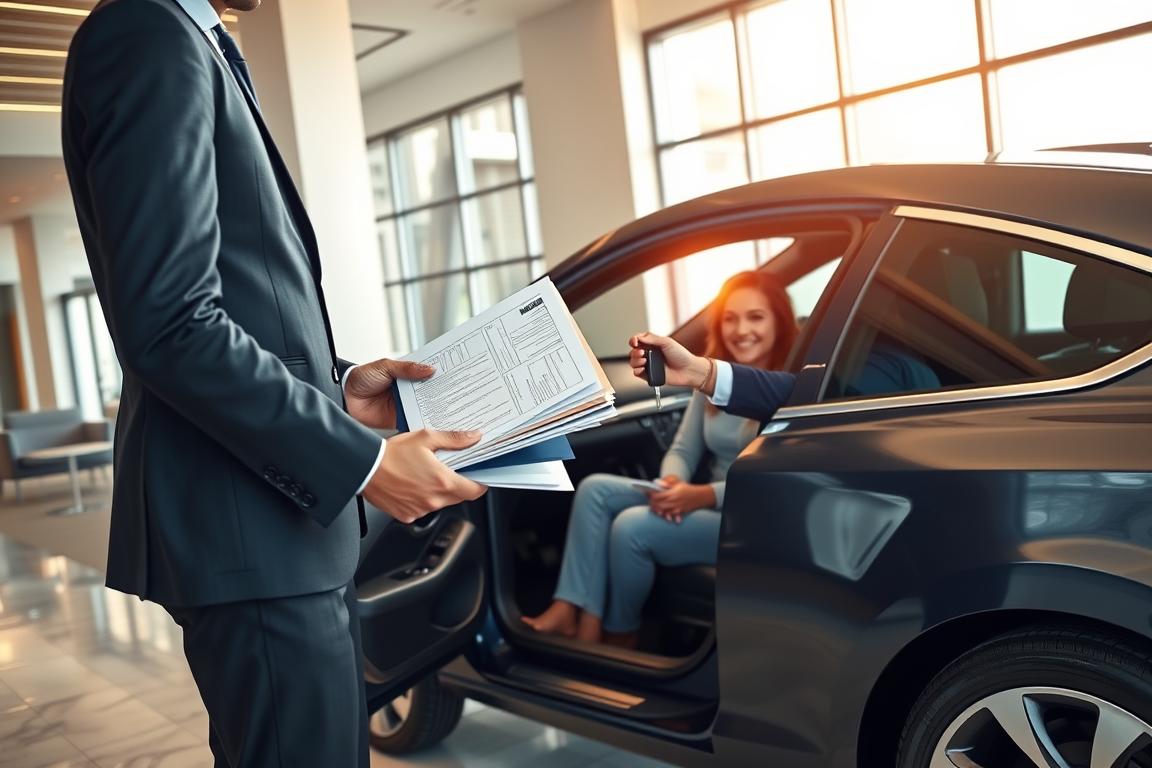 A meticulously rendered photograph of a business professional in a suit and tie delivering a stack of vehicle registration documents, contracts, and keys to a customer sitting in the driver's seat of a new car. The scene is set in a well-lit, modern office lobby with polished marble floors and minimalist furniture. Soft, directional lighting from large windows casts a warm glow, highlighting the professionalism and attention to detail. The customer's expression conveys a mix of excitement and relief, as the final steps of the car-buying process are completed. The overall atmosphere is one of efficiency, trust, and a seamless customer experience. A meticulously rendered photograph of a business professional in a suit and tie delivering a stack of vehicle registration documents, contracts, and keys to a customer sitting in the driver's seat of a new car. The scene is set in a well-lit, modern office lobby with polished marble floors and minimalist furniture. Soft, directional lighting from large windows casts a warm glow, highlighting the professionalism and attention to detail. The customer's expression conveys a mix of excitement and relief, as the final steps of the car-buying process are completed. The overall atmosphere is one of efficiency, trust, and a seamless customer experience.