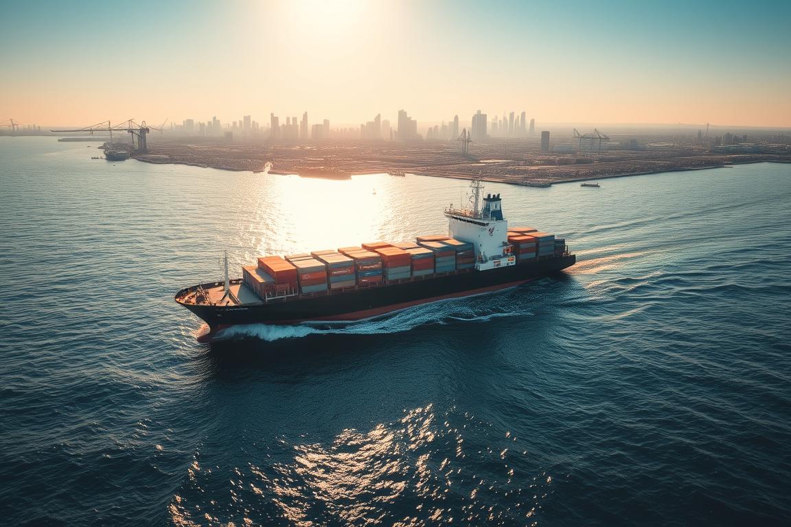 A modern cargo ship glides across a vast, shimmering ocean, its sleek hull cutting through the gentle waves. The sun casts a warm, golden glow over the scene, illuminating the ship's towering superstructure and the countless containers stacked neatly on its deck. In the background, a sprawling cityscape rises up, its skyscrapers and warehouses a testament to the global nature of the shipping industry. A sense of efficiency and interconnectedness permeates the image, reflecting the critical role that shipping plays in the world's economic and logistical systems. The overall atmosphere is one of quiet power and seamless transportation, hinting at the similarities and differences between the shipping services offered by Montway and Cajuu.app. A modern cargo ship glides across a vast, shimmering ocean, its sleek hull cutting through the gentle waves. The sun casts a warm, golden glow over the scene, illuminating the ship's towering superstructure and the countless containers stacked neatly on its deck. In the background, a sprawling cityscape rises up, its skyscrapers and warehouses a testament to the global nature of the shipping industry. A sense of efficiency and interconnectedness permeates the image, reflecting the critical role that shipping plays in the world's economic and logistical systems. The overall atmosphere is one of quiet power and seamless transportation, hinting at the similarities and differences between the shipping services offered by Montway and Cajuu.app.