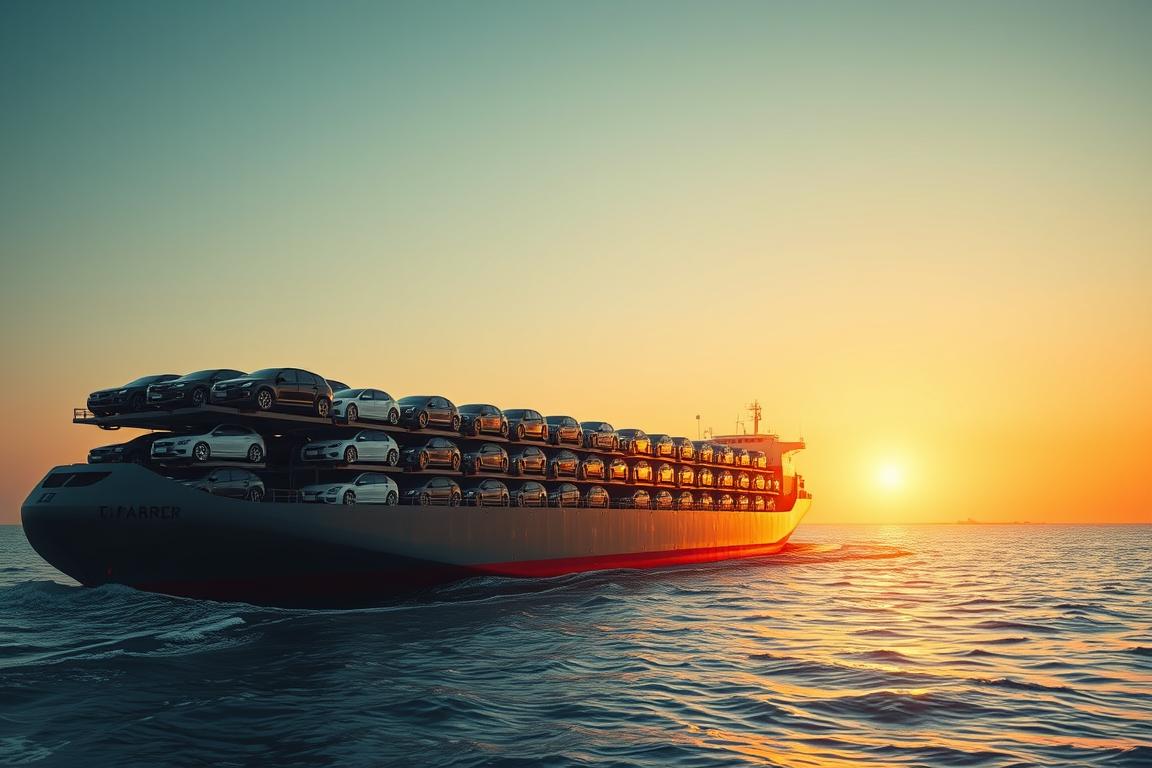 A modern cargo ship transporting a fleet of sleek, freshly-painted cars across a vast, calm ocean under a golden sunset sky. The ship's hull gleams in the warm light, while the cars are neatly stacked and secured on its expansive decks. The scene conveys efficiency, scale, and the seamless transportation of vehicles from one location to another. The perspective is from slightly above, capturing the symmetry and order of the car carrier's operation. Subtle film grain and cinematic lighting create a sense of drama and professionalism befitting the subject matter. A modern cargo ship transporting a fleet of sleek, freshly-painted cars across a vast, calm ocean under a golden sunset sky. The ship's hull gleams in the warm light, while the cars are neatly stacked and secured on its expansive decks. The scene conveys efficiency, scale, and the seamless transportation of vehicles from one location to another. The perspective is from slightly above, capturing the symmetry and order of the car carrier's operation. Subtle film grain and cinematic lighting create a sense of drama and professionalism befitting the subject matter.
