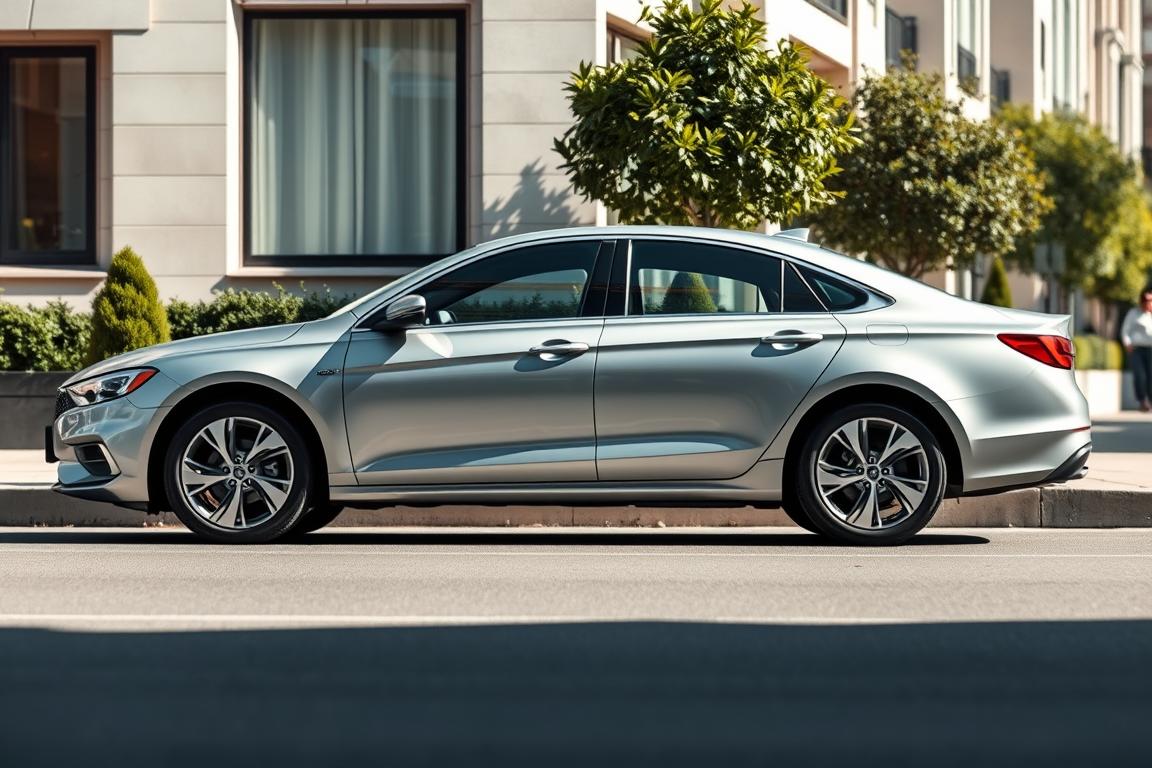 A modern, mid-sized sedan parked on a city street, sunlight gently illuminating its sleek, metallic exterior. The vehicle's lines are clean and elegant, with a subtle sporty flair. The background features a row of neatly landscaped buildings, suggesting an urban setting. The scene conveys a sense of affordable practicality and accessibility, reflecting the safe and convenient online car-buying experience.