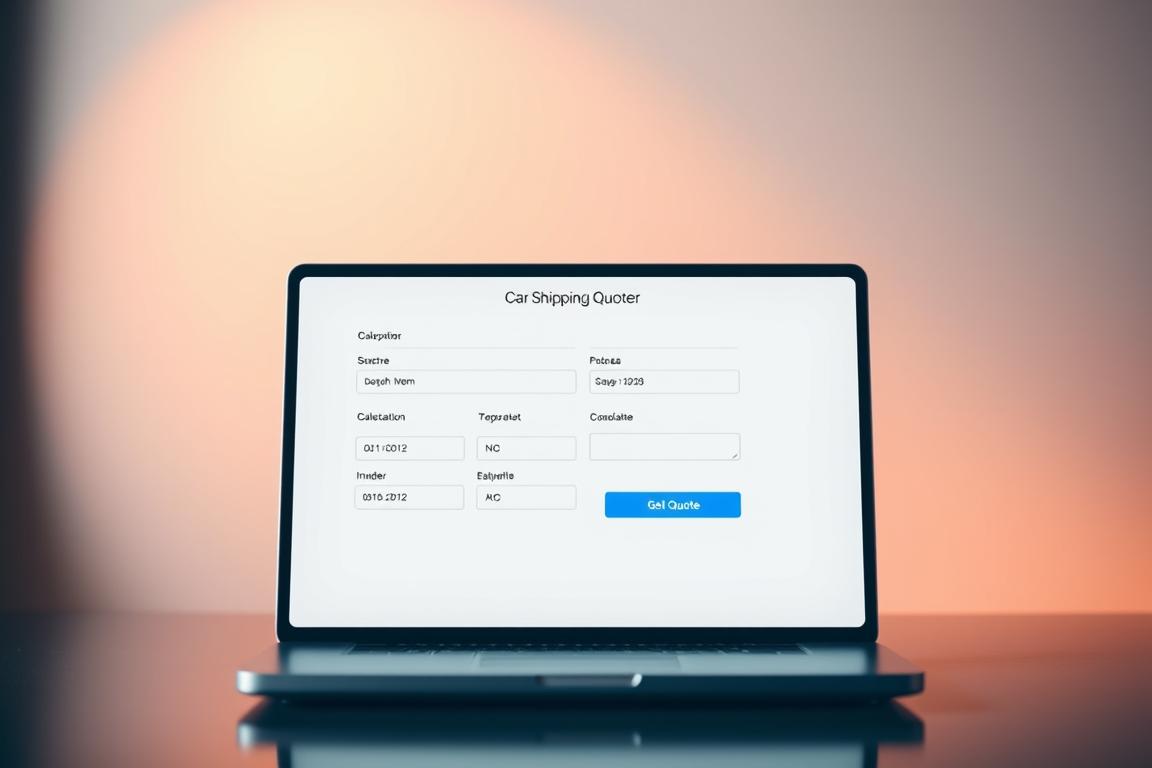 A modern, sleek UI for a car shipping quote calculator set against a minimalist background. In the foreground, a clean design with input fields, dropdown menus, and a prominent "Get Quote" button. The calculator is displayed on a laptop or tablet device, with a subtle reflection on a flat surface. Warm, balanced lighting illuminates the scene, highlighting the calculator's interface. The overall mood is professional, informative, and user-friendly, conveying the functionality and convenience of an online car shipping quote tool. A modern, sleek UI for a car shipping quote calculator set against a minimalist background. In the foreground, a clean design with input fields, dropdown menus, and a prominent "Get Quote" button. The calculator is displayed on a laptop or tablet device, with a subtle reflection on a flat surface. Warm, balanced lighting illuminates the scene, highlighting the calculator's interface. The overall mood is professional, informative, and user-friendly, conveying the functionality and convenience of an online car shipping quote tool.