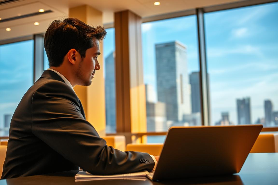 A modern, well-lit interior of a bank or financial institution. In the foreground, a young professional in a suit sitting at a desk, intently discussing financial options with a client. Behind them, a large window overlooking a cityscape, with skyscrapers and blue sky in the background. The lighting is warm and inviting, creating a sense of trust and expertise. The desk is neatly arranged with a laptop, documents, and a pen. The overall atmosphere conveys a sense of efficiency, reliability, and customer-centric service. A modern, well-lit interior of a bank or financial institution. In the foreground, a young professional in a suit sitting at a desk, intently discussing financial options with a client. Behind them, a large window overlooking a cityscape, with skyscrapers and blue sky in the background. The lighting is warm and inviting, creating a sense of trust and expertise. The desk is neatly arranged with a laptop, documents, and a pen. The overall atmosphere conveys a sense of efficiency, reliability, and customer-centric service.