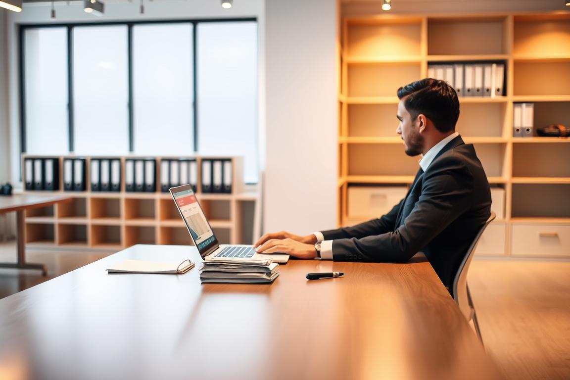 A modern, well-lit office interior with a large desk in the foreground. On the desk, a laptop, a stack of documents, and a pen. In the background, shelves with neatly organized files and binders. A person in a suit sits at the desk, engaged in an online purchase process, navigating a website on the laptop screen. The atmosphere is professional and focused, with warm lighting and a sense of efficiency and organization, conveying the step-by-step process of purchasing a vehicle online using a checking account. A modern, well-lit office interior with a large desk in the foreground. On the desk, a laptop, a stack of documents, and a pen. In the background, shelves with neatly organized files and binders. A person in a suit sits at the desk, engaged in an online purchase process, navigating a website on the laptop screen. The atmosphere is professional and focused, with warm lighting and a sense of efficiency and organization, conveying the step-by-step process of purchasing a vehicle online using a checking account.