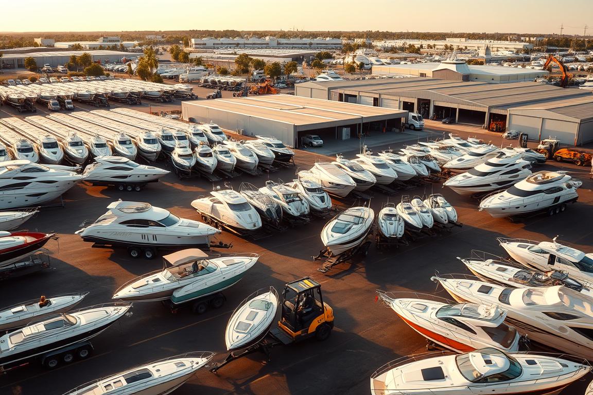 A panoramic view of a bustling boat transport yard, bathed in warm afternoon light. In the foreground, various vessel types - from sleek speedboats to towering yachts - are lined up, their hulls gleaming. In the middle ground, forklifts and cranes move efficiently, loading and unloading boats onto specialized transport trailers. The background is filled with rows of storage sheds and administrative buildings, conveying a sense of the scale and organization required for boat transport logistics. The scene exudes a mood of professionalism and efficiency, capturing the essence of the boat transport pricing landscape in the United States. A panoramic view of a bustling boat transport yard, bathed in warm afternoon light. In the foreground, various vessel types - from sleek speedboats to towering yachts - are lined up, their hulls gleaming. In the middle ground, forklifts and cranes move efficiently, loading and unloading boats onto specialized transport trailers. The background is filled with rows of storage sheds and administrative buildings, conveying a sense of the scale and organization required for boat transport logistics. The scene exudes a mood of professionalism and efficiency, capturing the essence of the boat transport pricing landscape in the United States.