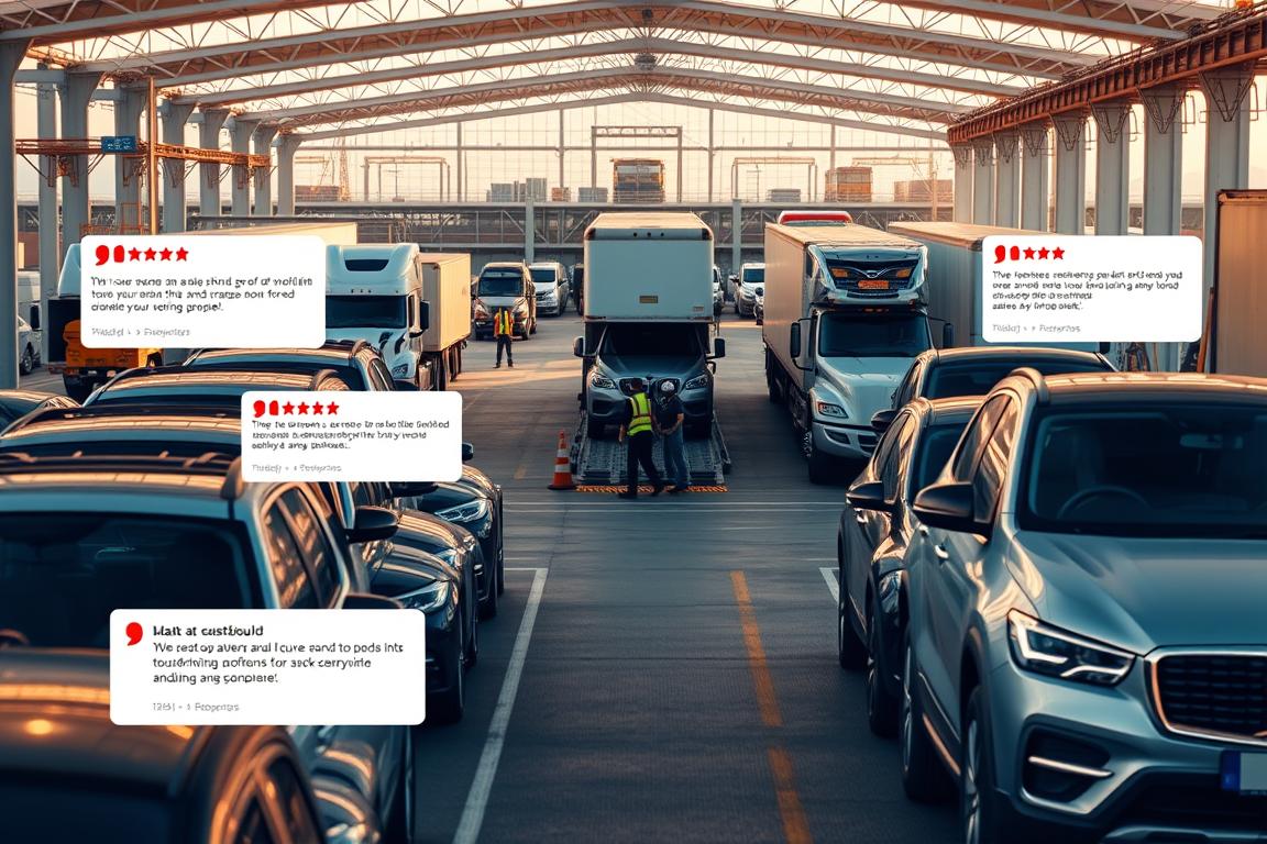 A photorealistic wide-angle shot of an American auto shipping terminal, showcasing a fleet of vehicles waiting to be transported. In the foreground, several customer reviews are displayed on digital screens, highlighting the company's services and customer satisfaction. The middle ground features a team of efficient workers loading cars onto carriers, while in the background, the facility's infrastructure and logistics operations are visible. The scene is bathed in warm, natural lighting, conveying a sense of professionalism and trustworthiness. The overall composition emphasizes the seamless integration of customer feedback and the company's reliable auto shipping services. A photorealistic wide-angle shot of an American auto shipping terminal, showcasing a fleet of vehicles waiting to be transported. In the foreground, several customer reviews are displayed on digital screens, highlighting the company's services and customer satisfaction. The middle ground features a team of efficient workers loading cars onto carriers, while in the background, the facility's infrastructure and logistics operations are visible. The scene is bathed in warm, natural lighting, conveying a sense of professionalism and trustworthiness. The overall composition emphasizes the seamless integration of customer feedback and the company's reliable auto shipping services.
