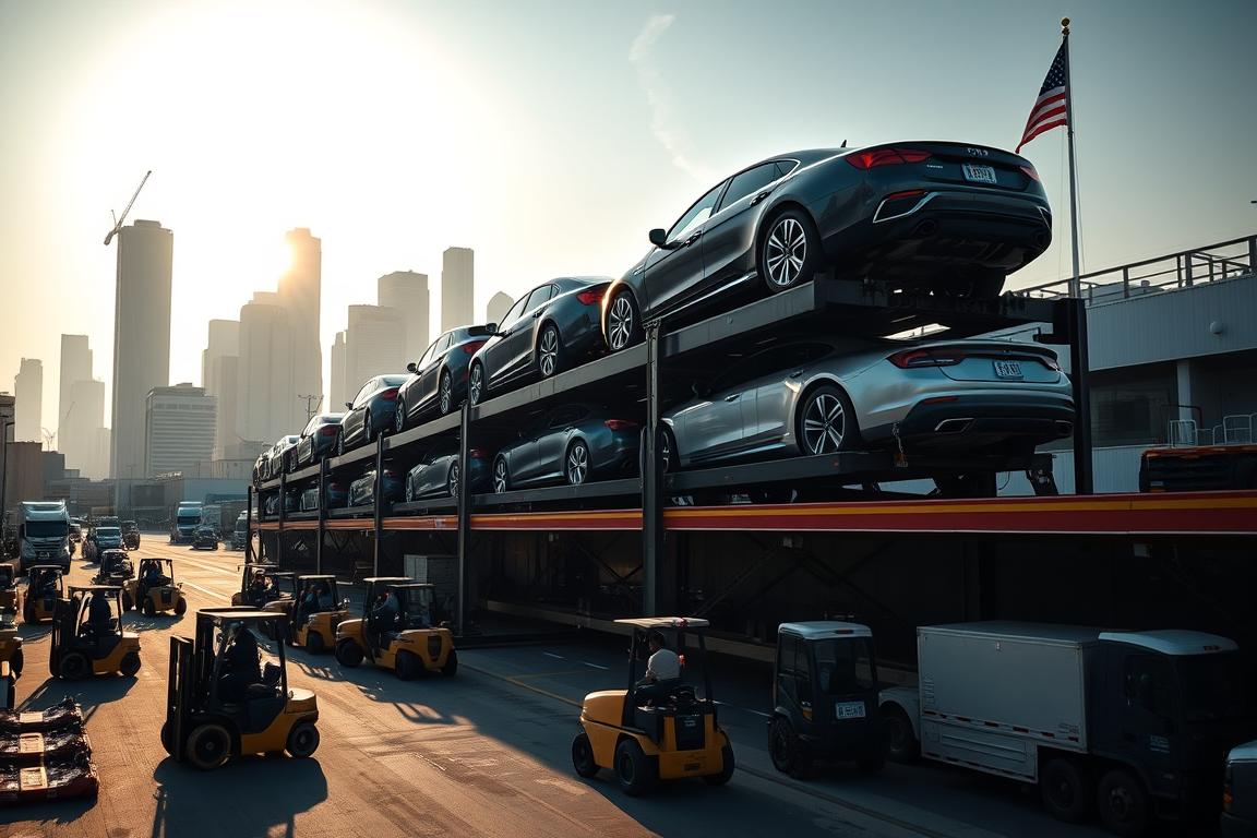 A picturesque scene of American auto shipping, captured with a wide-angle lens. In the foreground, a towering car carrier transports a fleet of shiny new vehicles, each gleaming under the warm, diffused sunlight. The middle ground showcases a bustling logistics hub, with forklifts maneuvering cargo and workers coordinating the seamless flow of vehicles. In the background, the iconic silhouettes of skyscrapers and the American flag stand tall, symbolizing the scale and national importance of this industry. The overall atmosphere exudes a sense of efficiency, safety, and pride in the American automotive ecosystem. A picturesque scene of American auto shipping, captured with a wide-angle lens. In the foreground, a towering car carrier transports a fleet of shiny new vehicles, each gleaming under the warm, diffused sunlight. The middle ground showcases a bustling logistics hub, with forklifts maneuvering cargo and workers coordinating the seamless flow of vehicles. In the background, the iconic silhouettes of skyscrapers and the American flag stand tall, symbolizing the scale and national importance of this industry. The overall atmosphere exudes a sense of efficiency, safety, and pride in the American automotive ecosystem.
