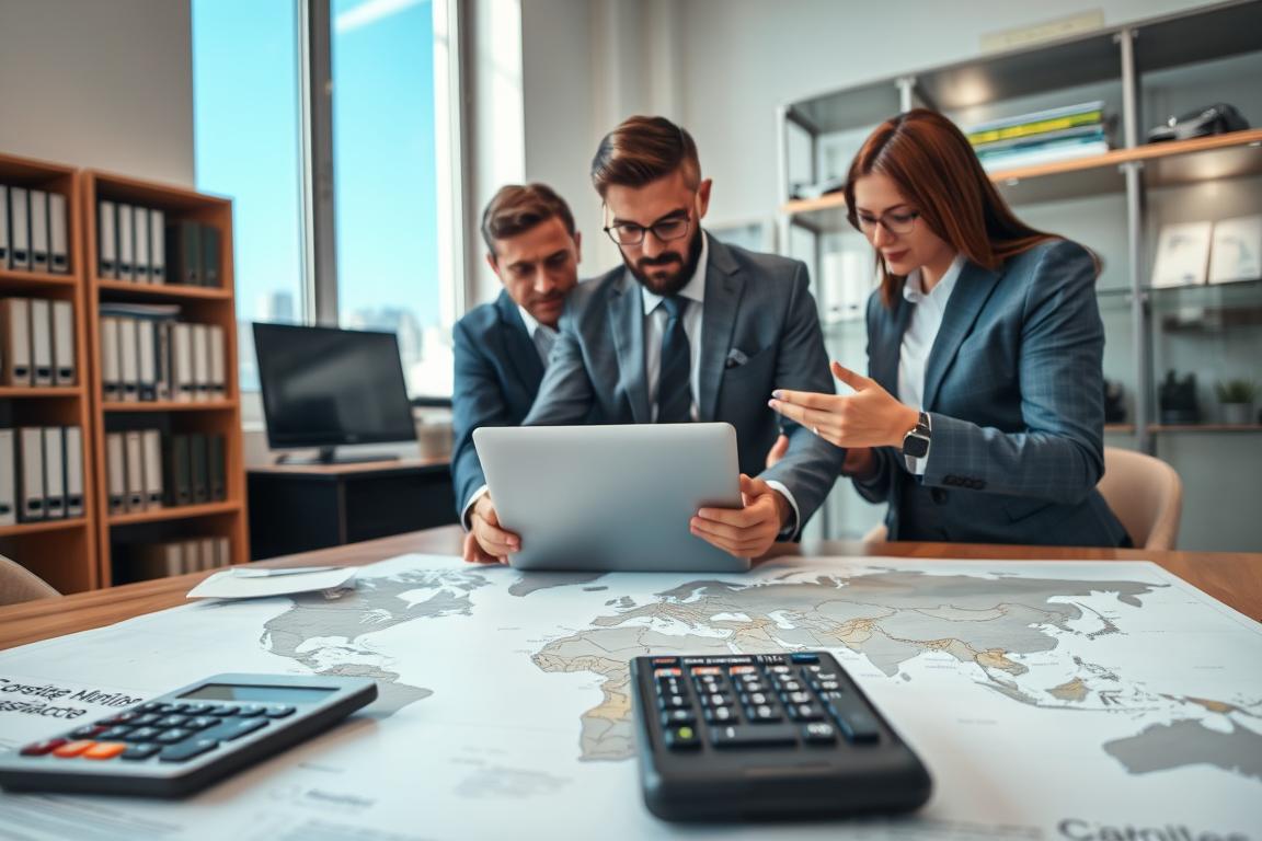 A professional-looking office setting, showcasing a diverse group of three individuals analyzing a large world map on a table. The foreground features a close-up of a calculator and documents related to car shipping costs. In the middle, the characters—two men and one woman—are engaged in discussion, dressed in smart business attire, focused on a laptop displaying car shipping rates. The background includes shelves filled with logistics books and a large window with a view of a bright blue sky. Soft, natural lighting filters through the window, creating a calm and productive atmosphere. The angle is slightly elevated, giving an overview of the collaboration and planning process involved in shipping a car to Mexico. A professional-looking office setting, showcasing a diverse group of three individuals analyzing a large world map on a table. The foreground features a close-up of a calculator and documents related to car shipping costs. In the middle, the characters—two men and one woman—are engaged in discussion, dressed in smart business attire, focused on a laptop displaying car shipping rates. The background includes shelves filled with logistics books and a large window with a view of a bright blue sky. Soft, natural lighting filters through the window, creating a calm and productive atmosphere. The angle is slightly elevated, giving an overview of the collaboration and planning process involved in shipping a car to Mexico.