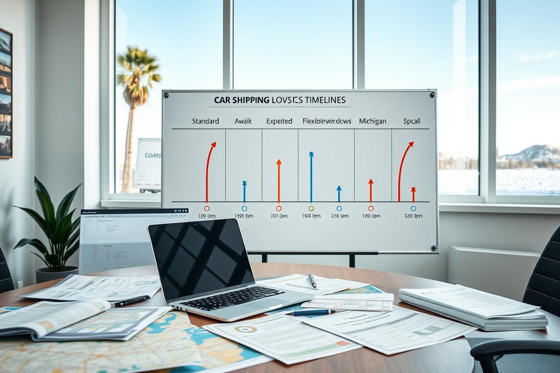 A professional office setting showcasing a detailed timeline planning board for car shipping logistics. In the foreground, a table cluttered with maps, shipping contracts, and a laptop displaying a timeline interface. The middle ground features a large whiteboard with neatly organized sections labeled "Standard," "Expedited," and "Flexible Windows," each illustrated with color-coded arrows indicating different shipping times. In the background, a window shows a bright day with palm trees against a clear blue sky, hinting at California, while another window suggests a snowy landscape, representing Michigan. Soft, natural lighting creates a productive atmosphere, with a slight focus on the timeline board, shot from a slightly elevated angle to capture all elements effectively. The overall mood is professional and informative, perfect for understanding transport timelines. A professional office setting showcasing a detailed timeline planning board for car shipping logistics. In the foreground, a table cluttered with maps, shipping contracts, and a laptop displaying a timeline interface. The middle ground features a large whiteboard with neatly organized sections labeled "Standard," "Expedited," and "Flexible Windows," each illustrated with color-coded arrows indicating different shipping times. In the background, a window shows a bright day with palm trees against a clear blue sky, hinting at California, while another window suggests a snowy landscape, representing Michigan. Soft, natural lighting creates a productive atmosphere, with a slight focus on the timeline board, shot from a slightly elevated angle to capture all elements effectively. The overall mood is professional and informative, perfect for understanding transport timelines.