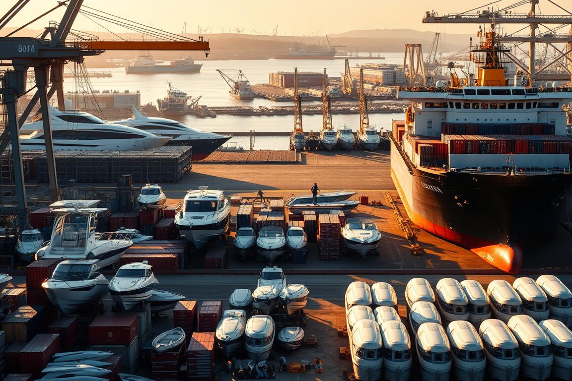 A realistic and detailed image of the factors that drive the cost of boat shipping, set in a professional shipping yard environment. In the foreground, a large cargo ship is being loaded with various sizes of recreational boats, with workers and cranes in motion. In the middle ground, stacks of shipping containers and piles of boat parts are visible, conveying the logistical complexity. The background features a harbor landscape with docks, warehouses, and other ships, all bathed in warm, golden afternoon light that casts long shadows. The overall scene should convey the scale, efficiency, and challenges of the boat shipping industry. A realistic and detailed image of the factors that drive the cost of boat shipping, set in a professional shipping yard environment. In the foreground, a large cargo ship is being loaded with various sizes of recreational boats, with workers and cranes in motion. In the middle ground, stacks of shipping containers and piles of boat parts are visible, conveying the logistical complexity. The background features a harbor landscape with docks, warehouses, and other ships, all bathed in warm, golden afternoon light that casts long shadows. The overall scene should convey the scale, efficiency, and challenges of the boat shipping industry.