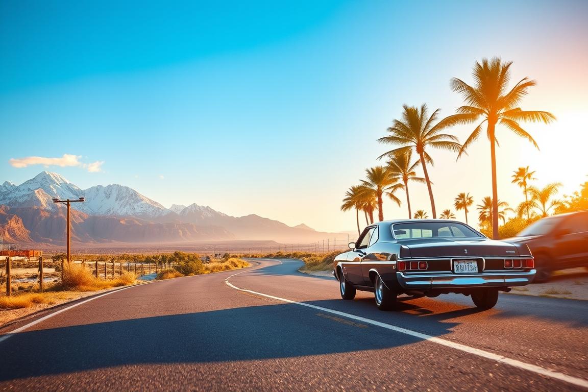 A scenic depiction of seasonal changes and insights relevant to the Utah-Florida auto transport lane. In the foreground, there’s a classic car parked on a winding road, accentuating the journey from mountainous Utah to sunny Florida. In the middle ground, show the contrasting landscapes: one side with snow-capped mountains representing winter and the other with vibrant palm trees and sandy beaches representing summer. The background features a clear blue sky transitioning from soft pinks of sunrise to bright daylight, creating a warm, welcoming atmosphere. Capture this scene with a soft focus lens effect to evoke a sense of calm and anticipation, emphasizing the ease of transport across seasons. Illuminate with natural sunlight for a bright and inviting mood. A scenic depiction of seasonal changes and insights relevant to the Utah-Florida auto transport lane. In the foreground, there’s a classic car parked on a winding road, accentuating the journey from mountainous Utah to sunny Florida. In the middle ground, show the contrasting landscapes: one side with snow-capped mountains representing winter and the other with vibrant palm trees and sandy beaches representing summer. The background features a clear blue sky transitioning from soft pinks of sunrise to bright daylight, creating a warm, welcoming atmosphere. Capture this scene with a soft focus lens effect to evoke a sense of calm and anticipation, emphasizing the ease of transport across seasons. Illuminate with natural sunlight for a bright and inviting mood.