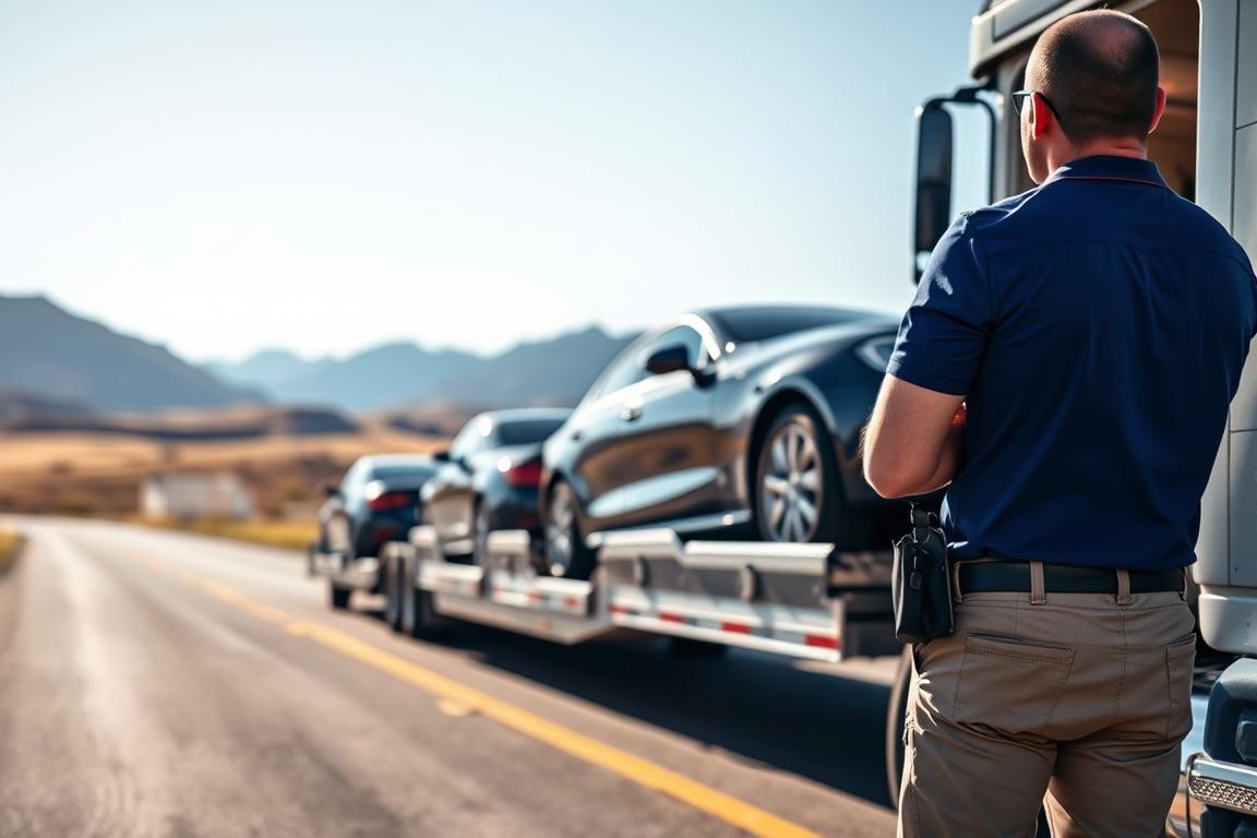 A serene auto transport scene featuring a professional truck driver preparing to load cars onto a sleek car carrier. In the foreground, focus on the driver, dressed in a blue polo shirt and khaki pants, demonstrating a careful, knowledgeable approach to car shipping. The middle ground captures the car carrier with several vehicles secured, showcasing a variety of makes and models to highlight diversity in auto transport. The background reveals a clear, sunny sky typical of Florida, suggesting the destination, with gentle rolling hills of Utah fading in the distance. The mood is calm and efficient, evoking trust and professionalism in the auto transport industry. The lighting is bright and natural, capturing the essence of a smooth car shipping experience. A serene auto transport scene featuring a professional truck driver preparing to load cars onto a sleek car carrier. In the foreground, focus on the driver, dressed in a blue polo shirt and khaki pants, demonstrating a careful, knowledgeable approach to car shipping. The middle ground captures the car carrier with several vehicles secured, showcasing a variety of makes and models to highlight diversity in auto transport. The background reveals a clear, sunny sky typical of Florida, suggesting the destination, with gentle rolling hills of Utah fading in the distance. The mood is calm and efficient, evoking trust and professionalism in the auto transport industry. The lighting is bright and natural, capturing the essence of a smooth car shipping experience.