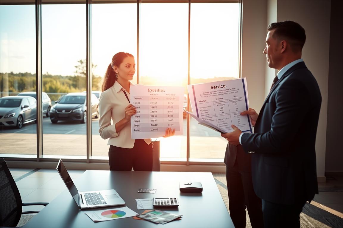 A serene office environment with a large window overlooking a scenic view of cars lined up ready for transport. In the foreground, a professional businesswoman in smart attire, holding a clipboard, discusses pricing details with a confident businessman. They examine a detailed chart showcasing various car shipping price options, payment transparency, and deposit requirements. The middle ground features a sleek modern desk with a laptop, service brochures, and a calculator. In the background, sunlight filters through the window, casting a warm glow on the room, creating an inviting and professional atmosphere. The composition focuses on the interaction, emphasizing clarity and professionalism while avoiding any distractions. A serene office environment with a large window overlooking a scenic view of cars lined up ready for transport. In the foreground, a professional businesswoman in smart attire, holding a clipboard, discusses pricing details with a confident businessman. They examine a detailed chart showcasing various car shipping price options, payment transparency, and deposit requirements. The middle ground features a sleek modern desk with a laptop, service brochures, and a calculator. In the background, sunlight filters through the window, casting a warm glow on the room, creating an inviting and professional atmosphere. The composition focuses on the interaction, emphasizing clarity and professionalism while avoiding any distractions.