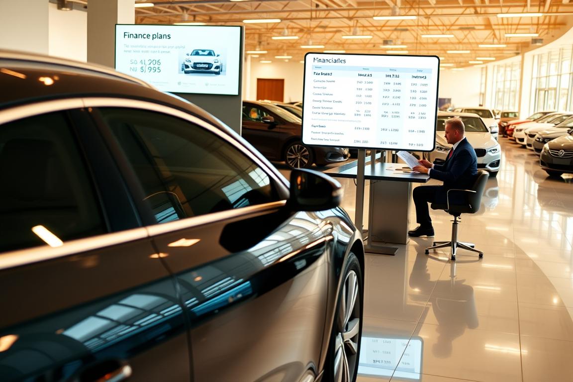 A sleek and modern car parked in a well-lit showroom, its shiny exterior reflecting the polished floors. In the foreground, a well-dressed person sits at a desk, examining finance documents and discussing options with a sales associate. The middle ground features a large display showcasing various financing plans and interest rates, using a clean and informative interface. In the background, the showroom is filled with a diverse array of vehicles, conveying the wide selection available for purchase. The lighting is warm and inviting, creating a comfortable and professional atmosphere for the financing process. A sleek and modern car parked in a well-lit showroom, its shiny exterior reflecting the polished floors. In the foreground, a well-dressed person sits at a desk, examining finance documents and discussing options with a sales associate. The middle ground features a large display showcasing various financing plans and interest rates, using a clean and informative interface. In the background, the showroom is filled with a diverse array of vehicles, conveying the wide selection available for purchase. The lighting is warm and inviting, creating a comfortable and professional atmosphere for the financing process.