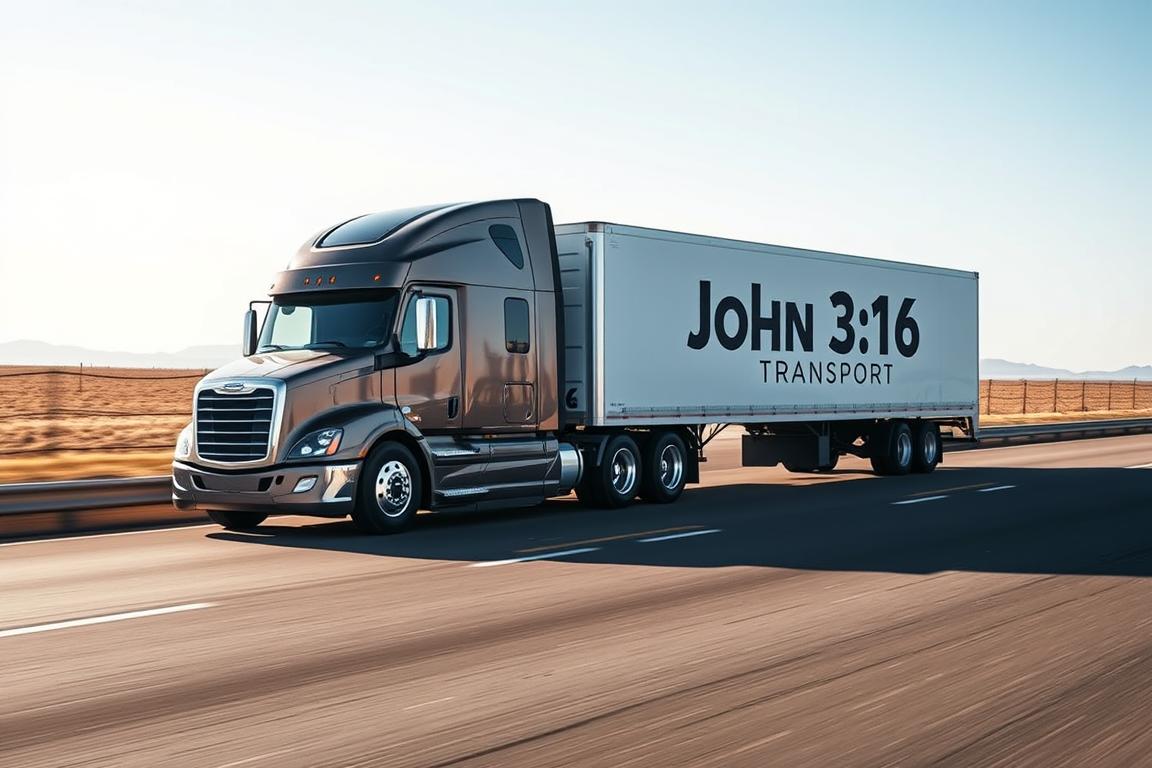 A sleek and modern semi-truck towing a large cargo trailer with the logo and branding of "John 3:16 Transport" prominently displayed on the side. The truck is captured in a three-quarter angle view, showcasing its powerful presence on the road. Soft, directional lighting illuminates the scene, casting subtle shadows and highlights that accentuate the vehicle's curves and details. The background is a serene, open highway stretching into the distance, with a clear blue sky overhead. The overall composition and mood convey a sense of reliability, efficiency, and professionalism - qualities that would be well-suited for a transportation company featured in the article. A sleek and modern semi-truck towing a large cargo trailer with the logo and branding of "John 3:16 Transport" prominently displayed on the side. The truck is captured in a three-quarter angle view, showcasing its powerful presence on the road. Soft, directional lighting illuminates the scene, casting subtle shadows and highlights that accentuate the vehicle's curves and details. The background is a serene, open highway stretching into the distance, with a clear blue sky overhead. The overall composition and mood convey a sense of reliability, efficiency, and professionalism - qualities that would be well-suited for a transportation company featured in the article.