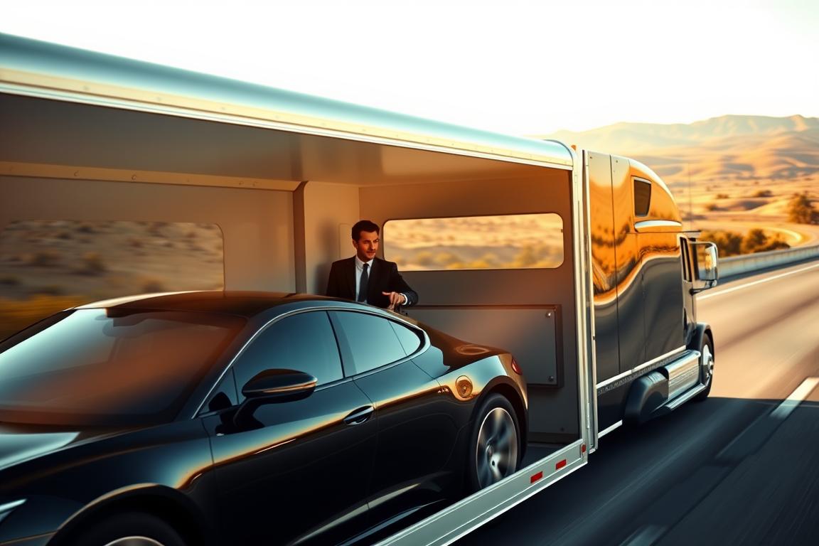 A sleek, enclosed car transport trailer gliding along a sunny highway, showcasing a high-end vehicle securely placed inside. The foreground features a glossy black luxury car visible through the trailer’s transparent side, reflecting the surrounding scenery. In the middle ground, a professional truck driver in smart casual attire can be seen focused on driving, with the cab of the transport vehicle partially visible. The background displays a blurred landscape of California hills transitioning to the flat terrains of Michigan, symbolizing the journey being undertaken. Soft golden hour lighting casts warm tones over the scene, adding a sense of professionalism and care. The overall mood is one of reliability and protection, emphasizing the safe transport of valuable vehicles. A sleek, enclosed car transport trailer gliding along a sunny highway, showcasing a high-end vehicle securely placed inside. The foreground features a glossy black luxury car visible through the trailer’s transparent side, reflecting the surrounding scenery. In the middle ground, a professional truck driver in smart casual attire can be seen focused on driving, with the cab of the transport vehicle partially visible. The background displays a blurred landscape of California hills transitioning to the flat terrains of Michigan, symbolizing the journey being undertaken. Soft golden hour lighting casts warm tones over the scene, adding a sense of professionalism and care. The overall mood is one of reliability and protection, emphasizing the safe transport of valuable vehicles.